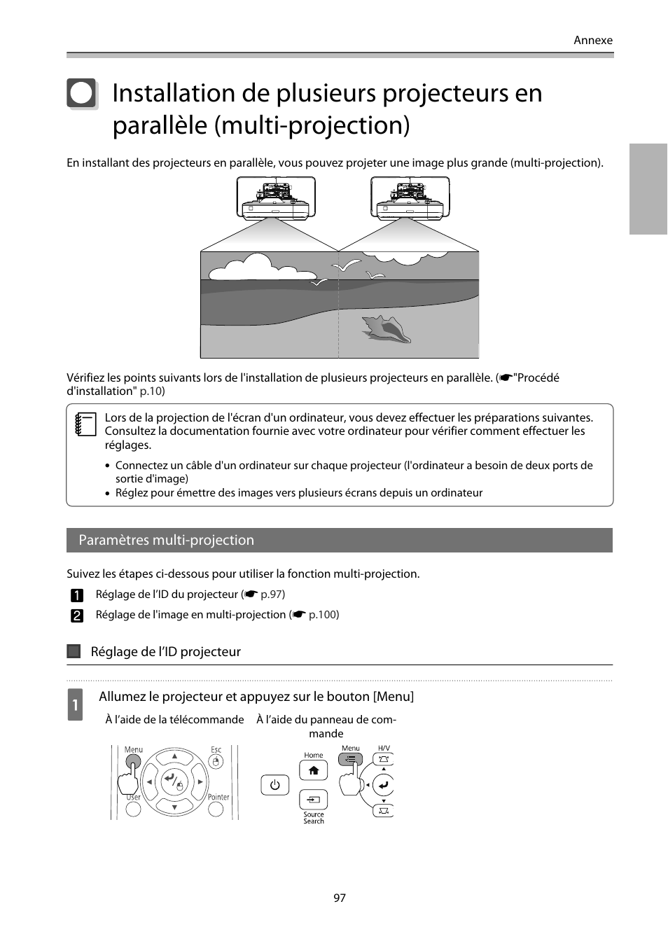 Paramètres multi-projection, Réglage de l’id projecteur, P.97 | Epson EB-1460Ui User Manual | Page 214 / 353