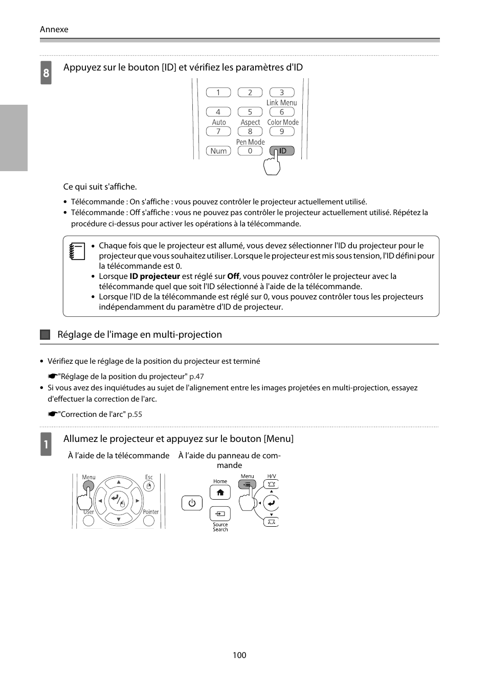 Réglage de l'image en multi-projection, P.100 | Epson EB-1460Ui User Manual | Page 217 / 353