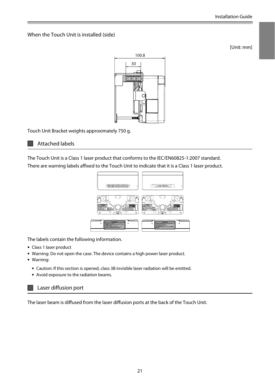 Attached labels, Laser diffusion port | Epson EB-1460Ui User Manual | Page 22 / 353