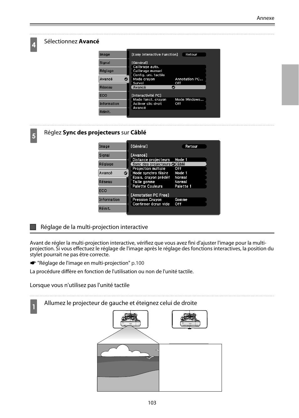 Réglage de la multi-projection interactive, P.103 | Epson EB-1460Ui User Manual | Page 220 / 353