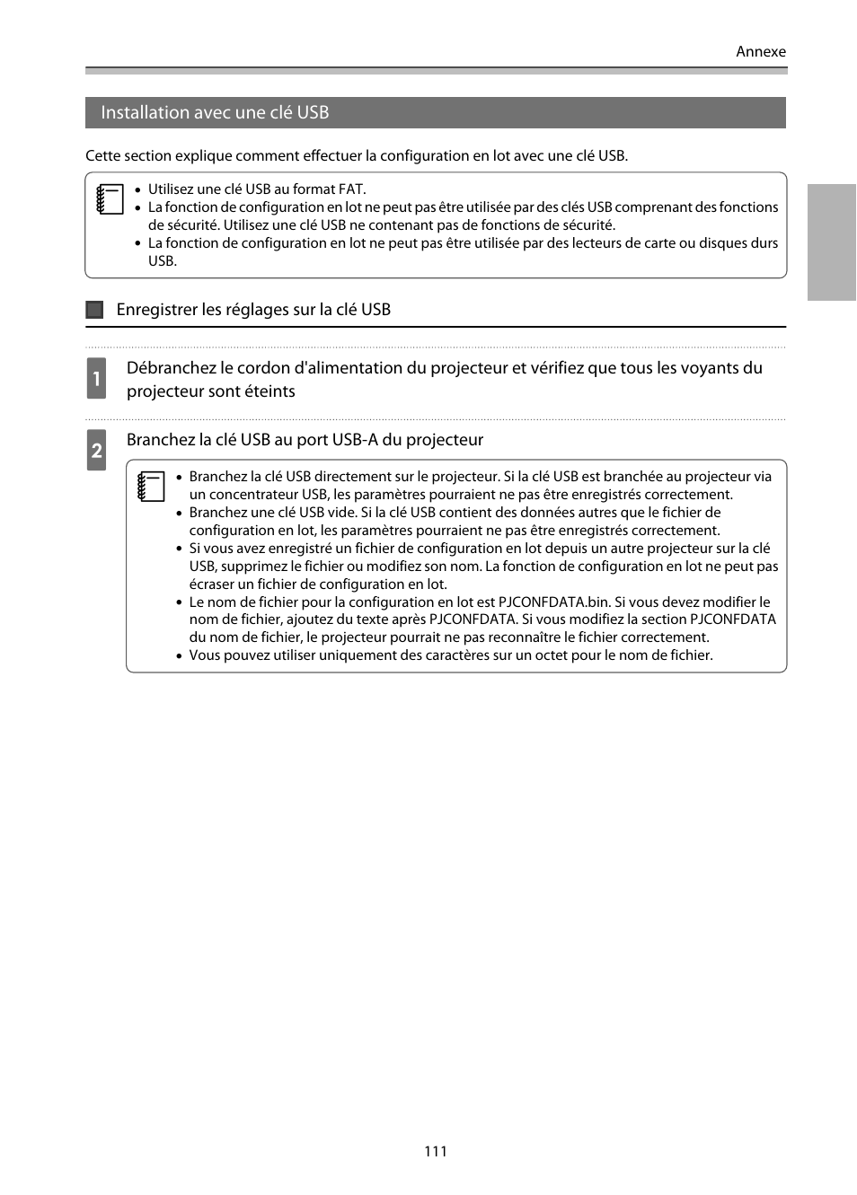 Installation avec une clé usb, Enregistrer les réglages sur la clé usb | Epson EB-1460Ui User Manual | Page 228 / 353