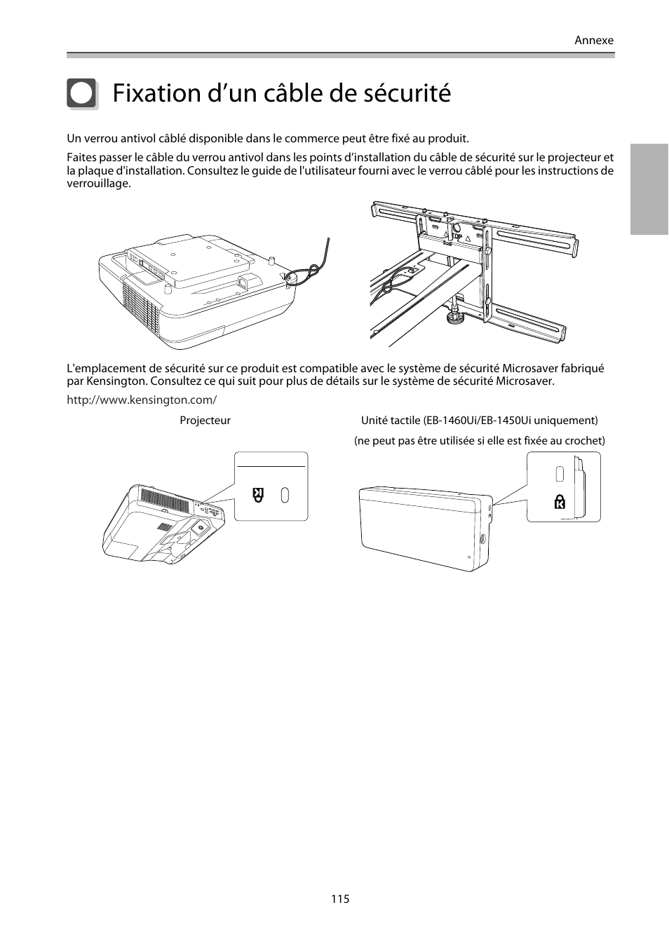 Fixation d’un câble de sécurité | Epson EB-1460Ui User Manual | Page 232 / 353