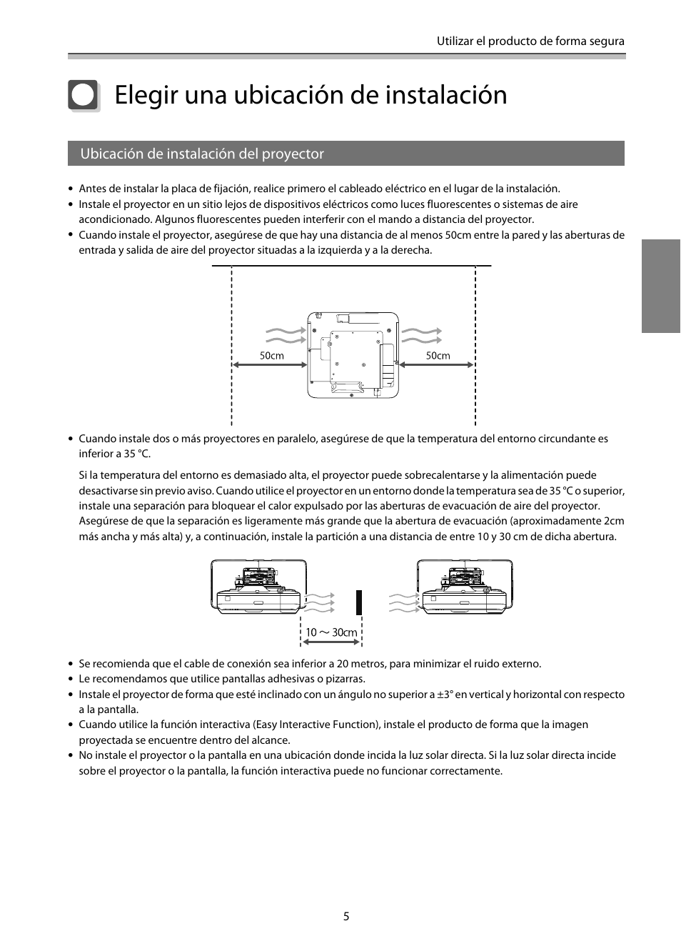 Elegir una ubicación de instalación, Ubicación de instalación del proyector | Epson EB-1460Ui User Manual | Page 240 / 353