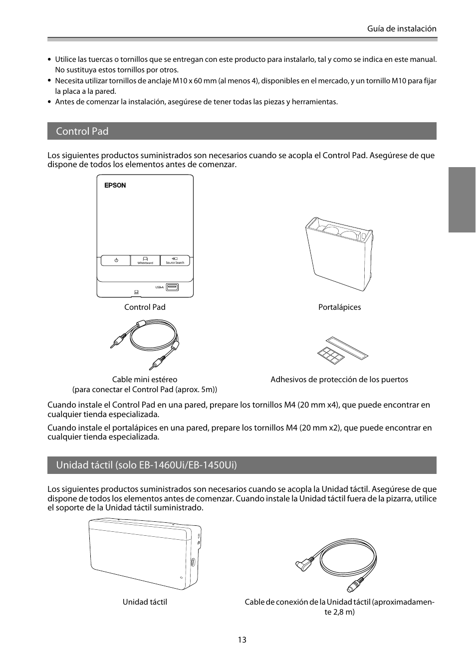 Control pad, Unidad táctil (solo eb-1460ui/eb-1450ui) | Epson EB-1460Ui User Manual | Page 248 / 353