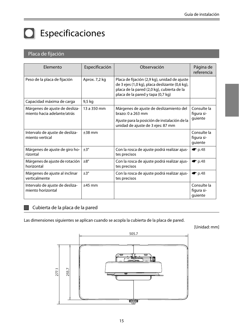 Especificaciones, Placa de fijación, Cubierta de la placa de la pared | Epson EB-1460Ui User Manual | Page 250 / 353