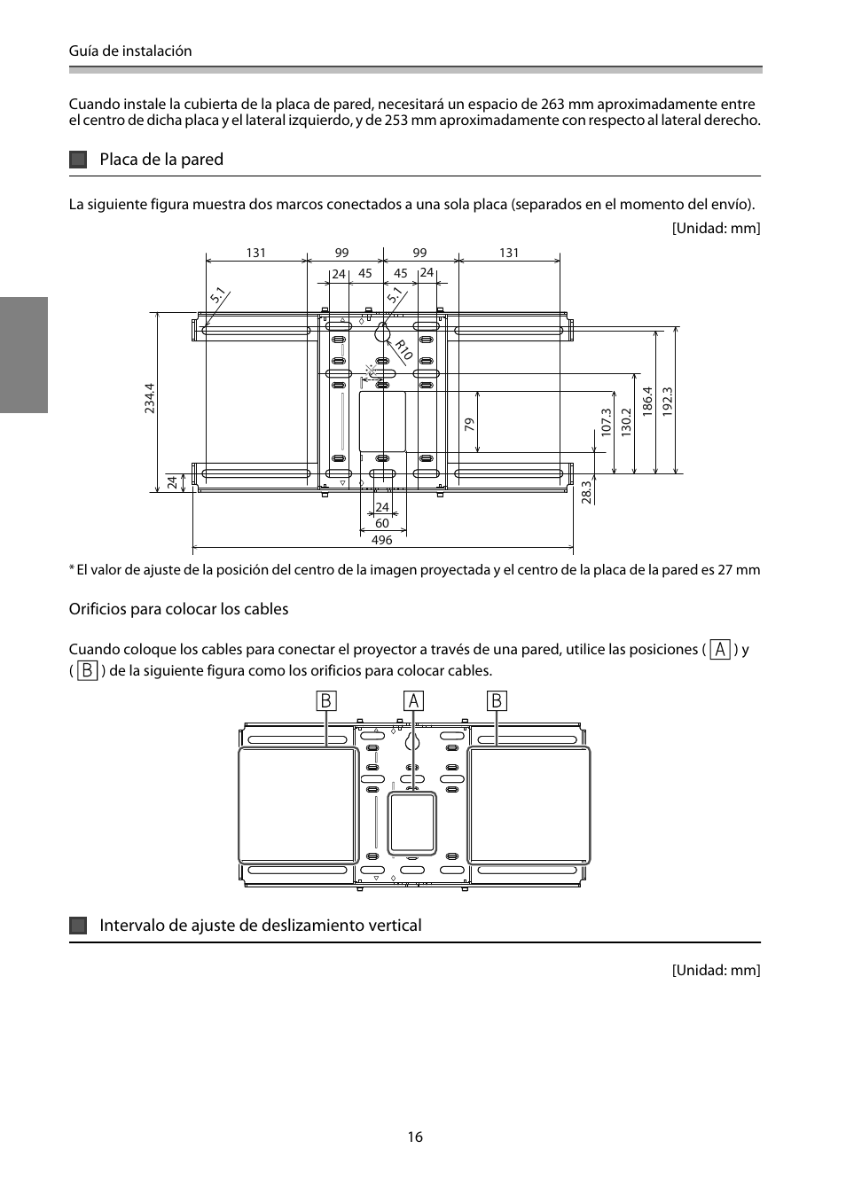 Placa de la pared, Intervalo de ajuste de deslizamiento vertical | Epson EB-1460Ui User Manual | Page 251 / 353