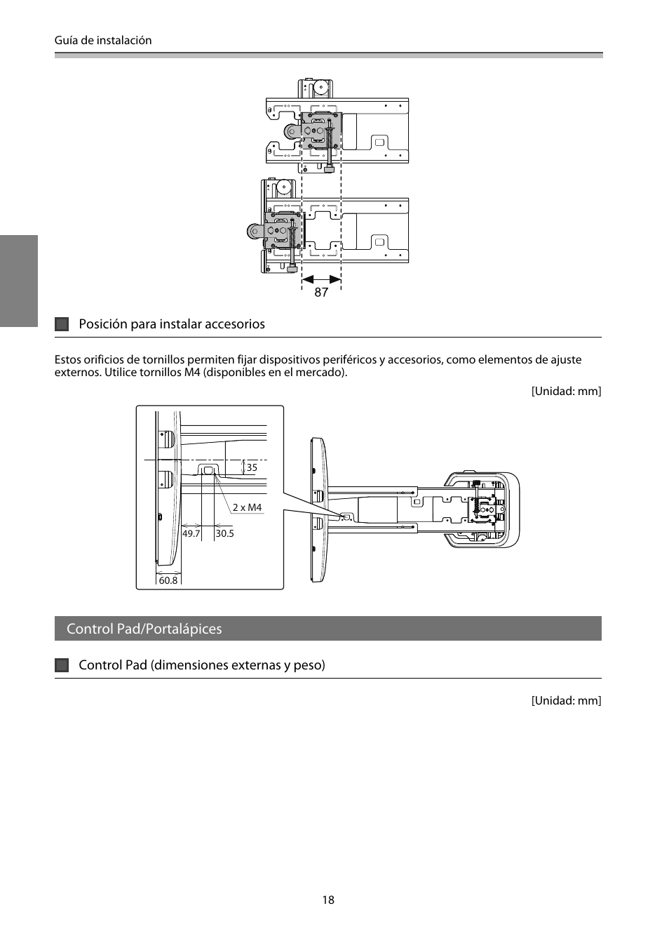 Posición para instalar accesorios, Control pad/portalápices, Control pad (dimensiones externas y peso) | Epson EB-1460Ui User Manual | Page 253 / 353