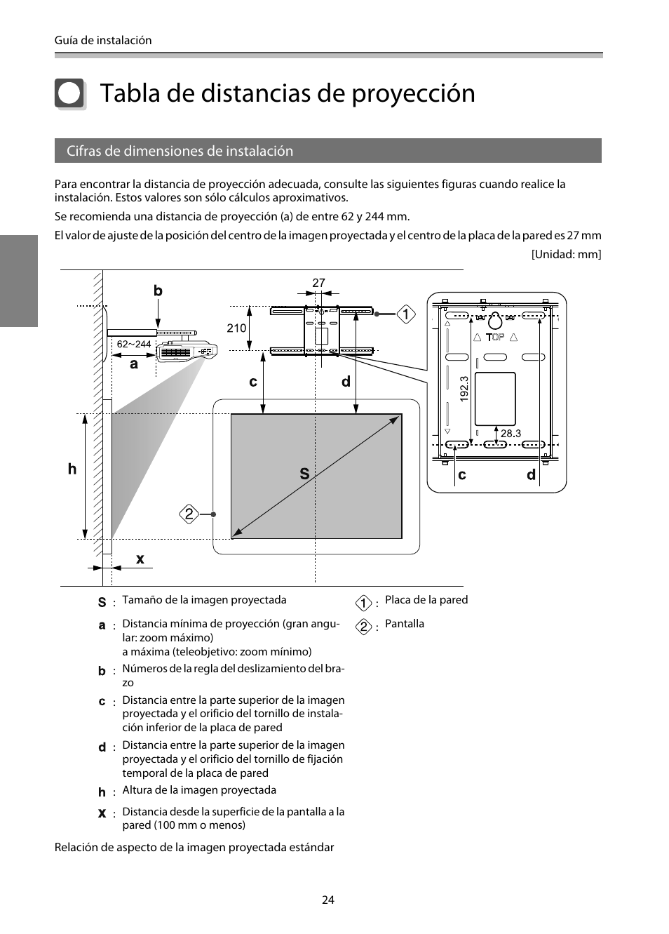 Tabla de distancias de proyección, Cifras de dimensiones de instalación | Epson EB-1460Ui User Manual | Page 259 / 353