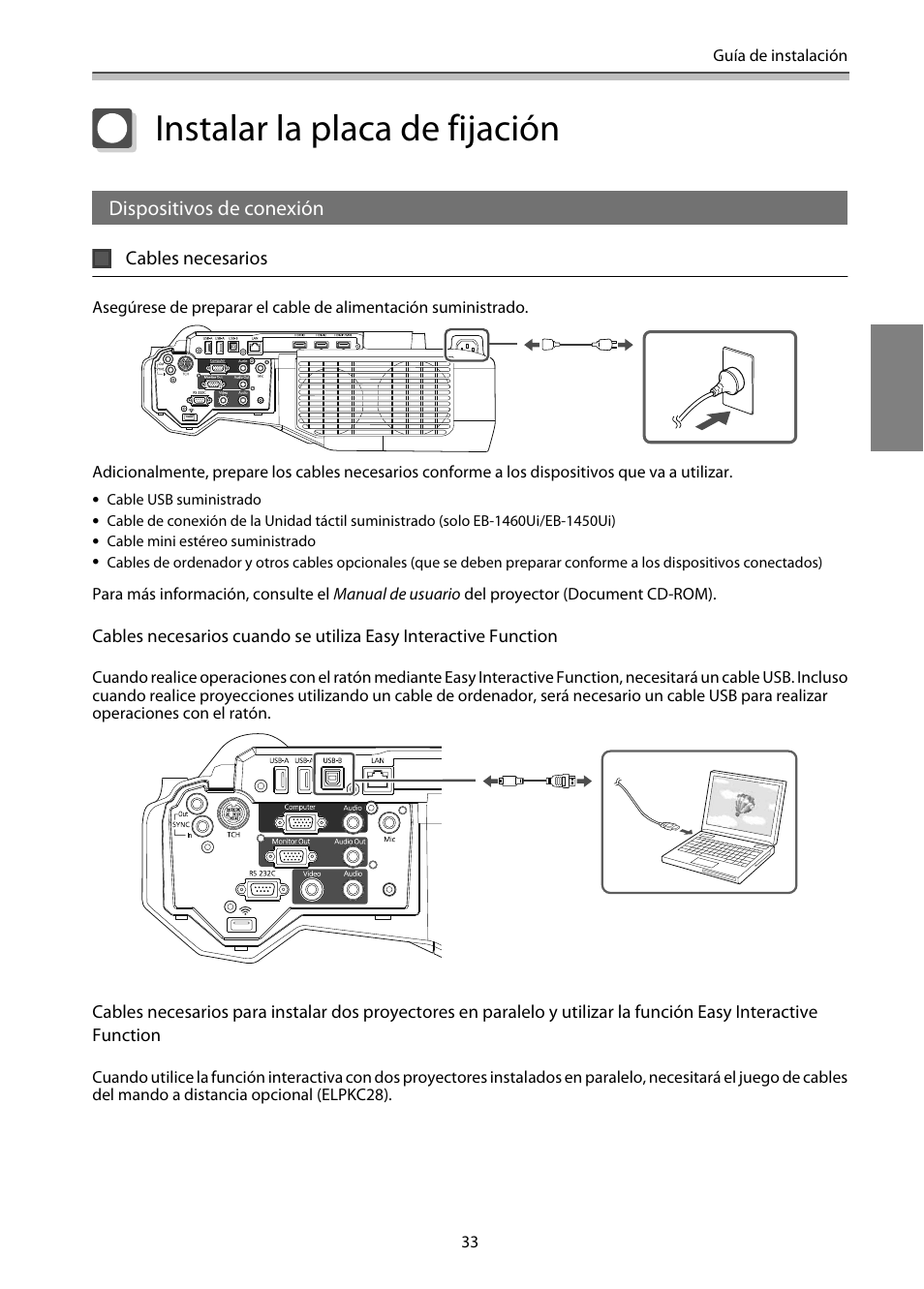 Instalar la placa de fijación, Dispositivos de conexión, Cables necesarios | P.33 | Epson EB-1460Ui User Manual | Page 268 / 353