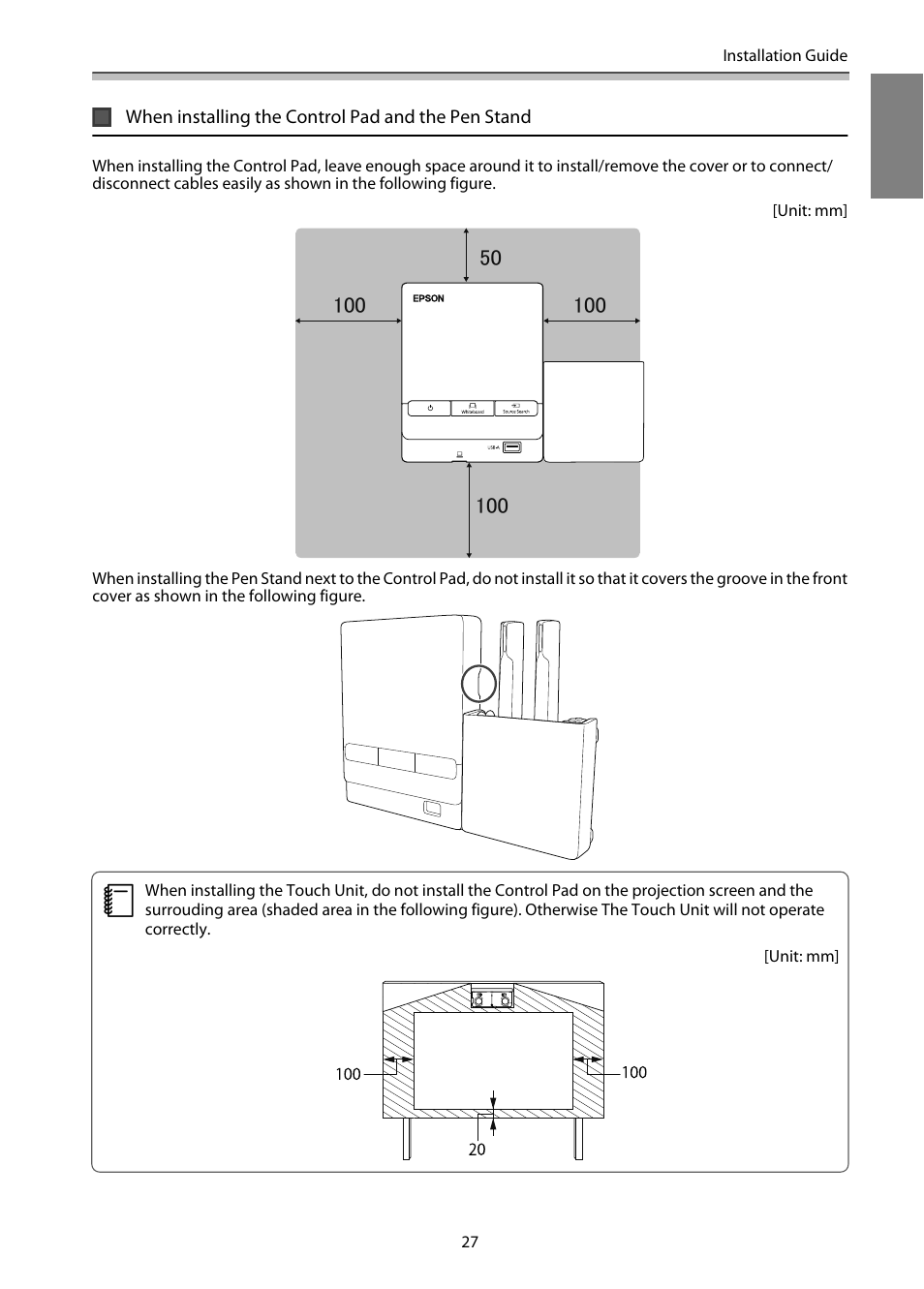 When installing the control pad and the pen stand | Epson EB-1460Ui User Manual | Page 28 / 353