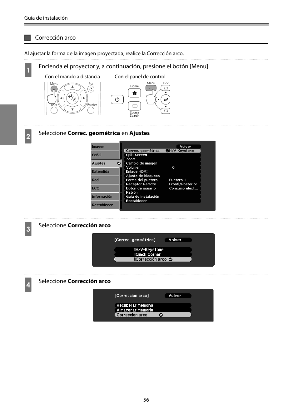 Corrección arco | Epson EB-1460Ui User Manual | Page 291 / 353