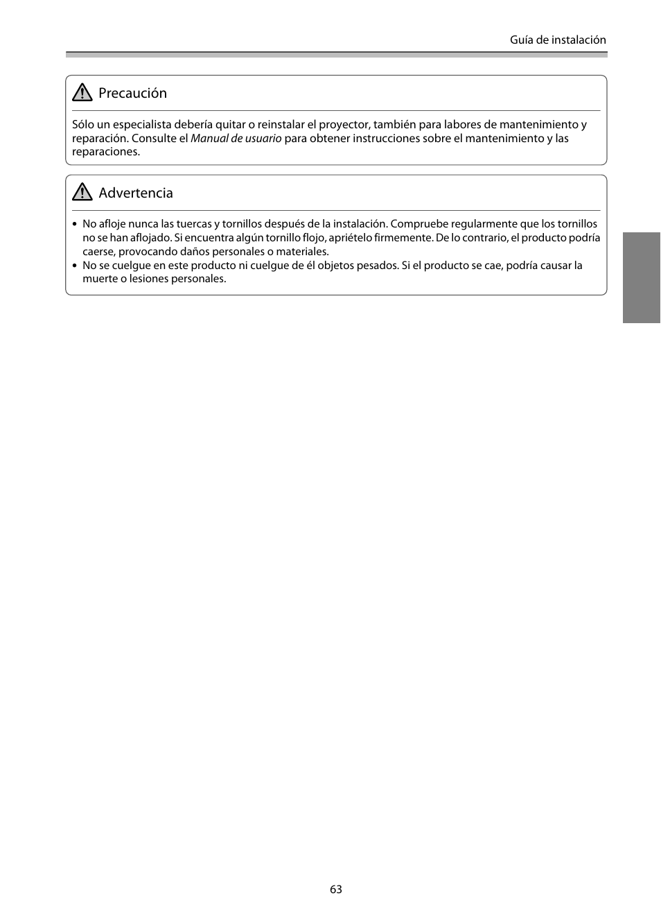 Precaución, Advertencia | Epson EB-1460Ui User Manual | Page 298 / 353