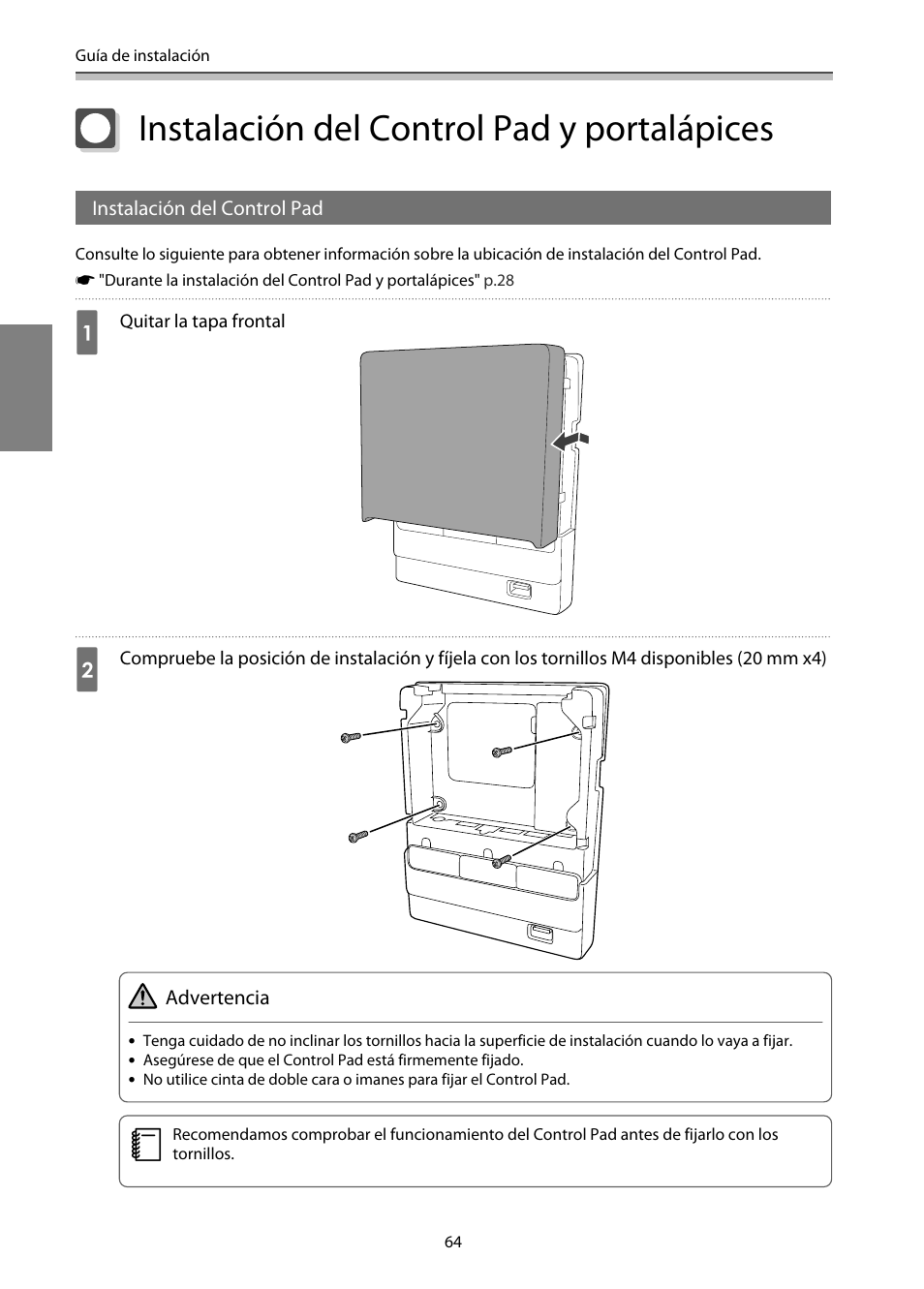 Instalación del control pad y portalápices, Instalación del control pad, P.64 | Epson EB-1460Ui User Manual | Page 299 / 353