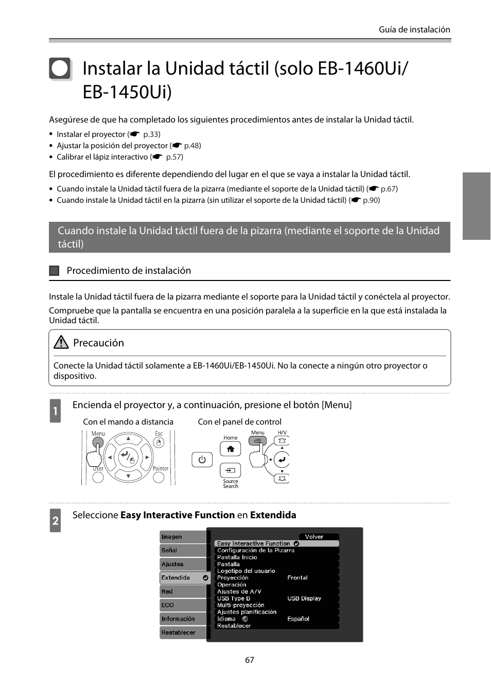 Procedimiento de instalación, P.67 | Epson EB-1460Ui User Manual | Page 302 / 353