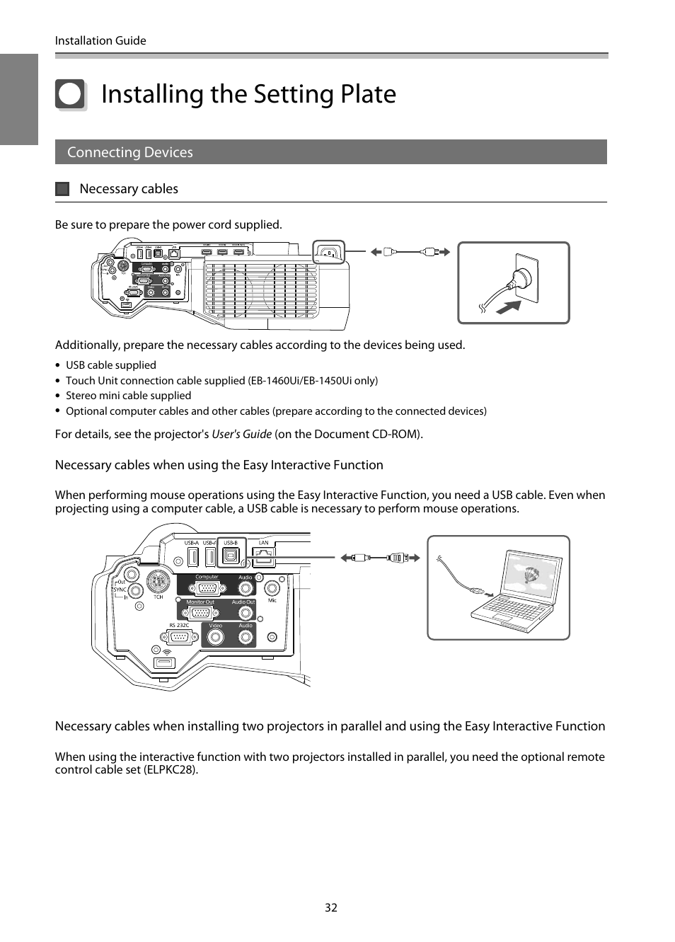 Installing the setting plate, Connecting devices, Necessary cables | P.32 | Epson EB-1460Ui User Manual | Page 33 / 353