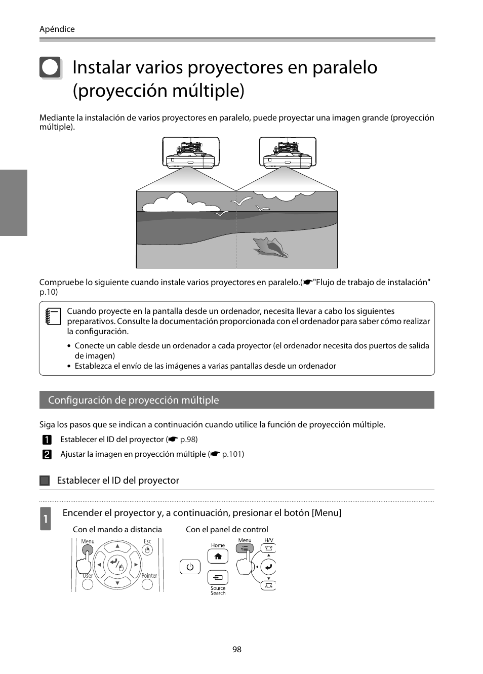 Configuración de proyección múltiple, Establecer el id del proyector, P.98 | Epson EB-1460Ui User Manual | Page 333 / 353