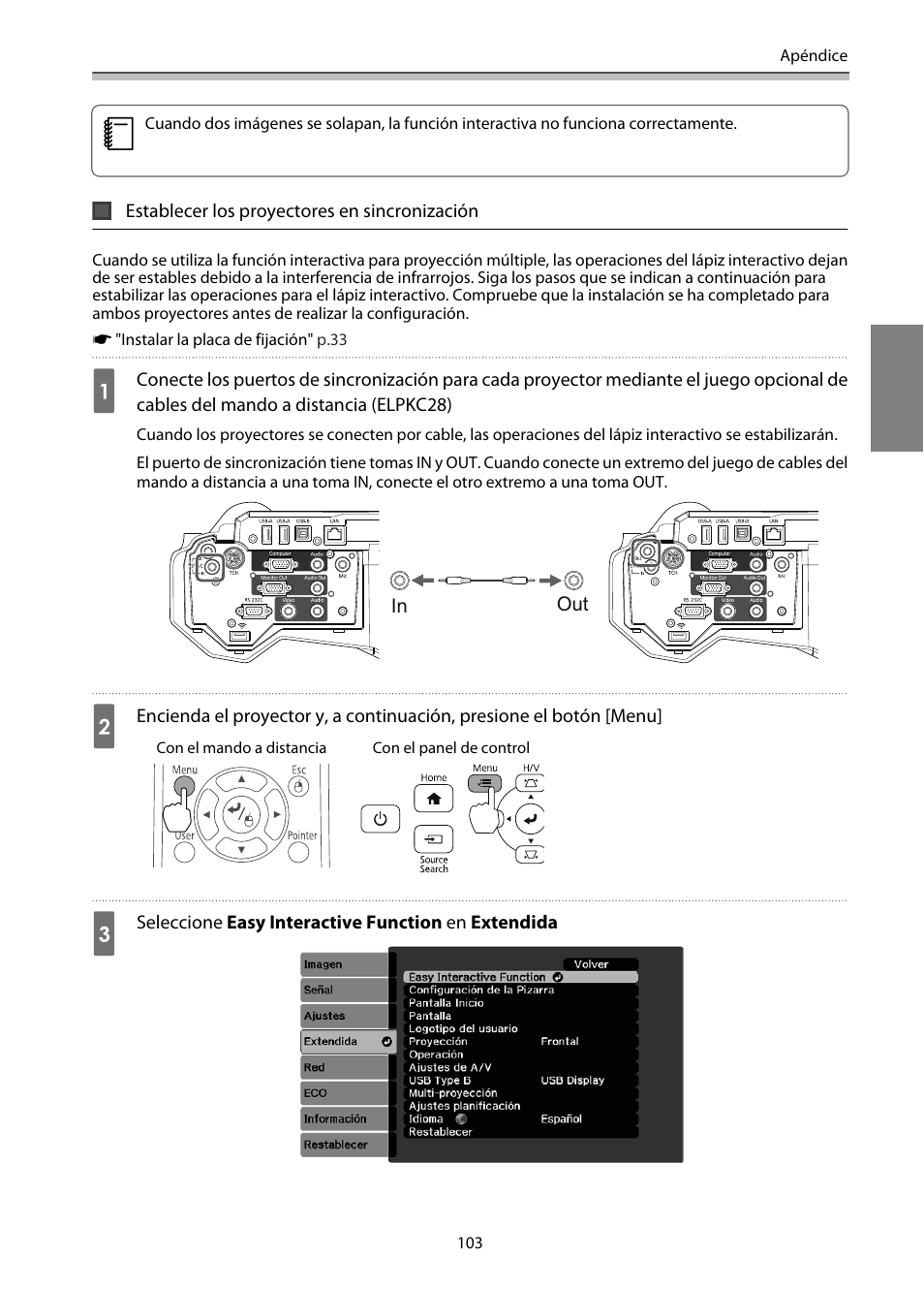Establecer los proyectores en sincronización, P.103 | Epson EB-1460Ui User Manual | Page 338 / 353