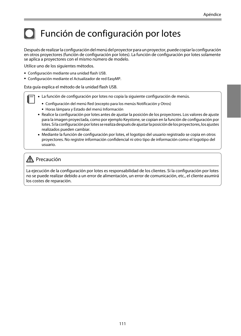 Función de configuración por lotes, P.111 | Epson EB-1460Ui User Manual | Page 346 / 353