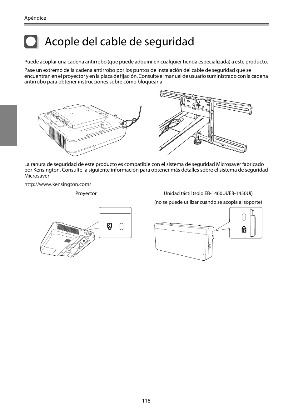 Acople del cable de seguridad | Epson EB-1460Ui User Manual | Page 351 / 353