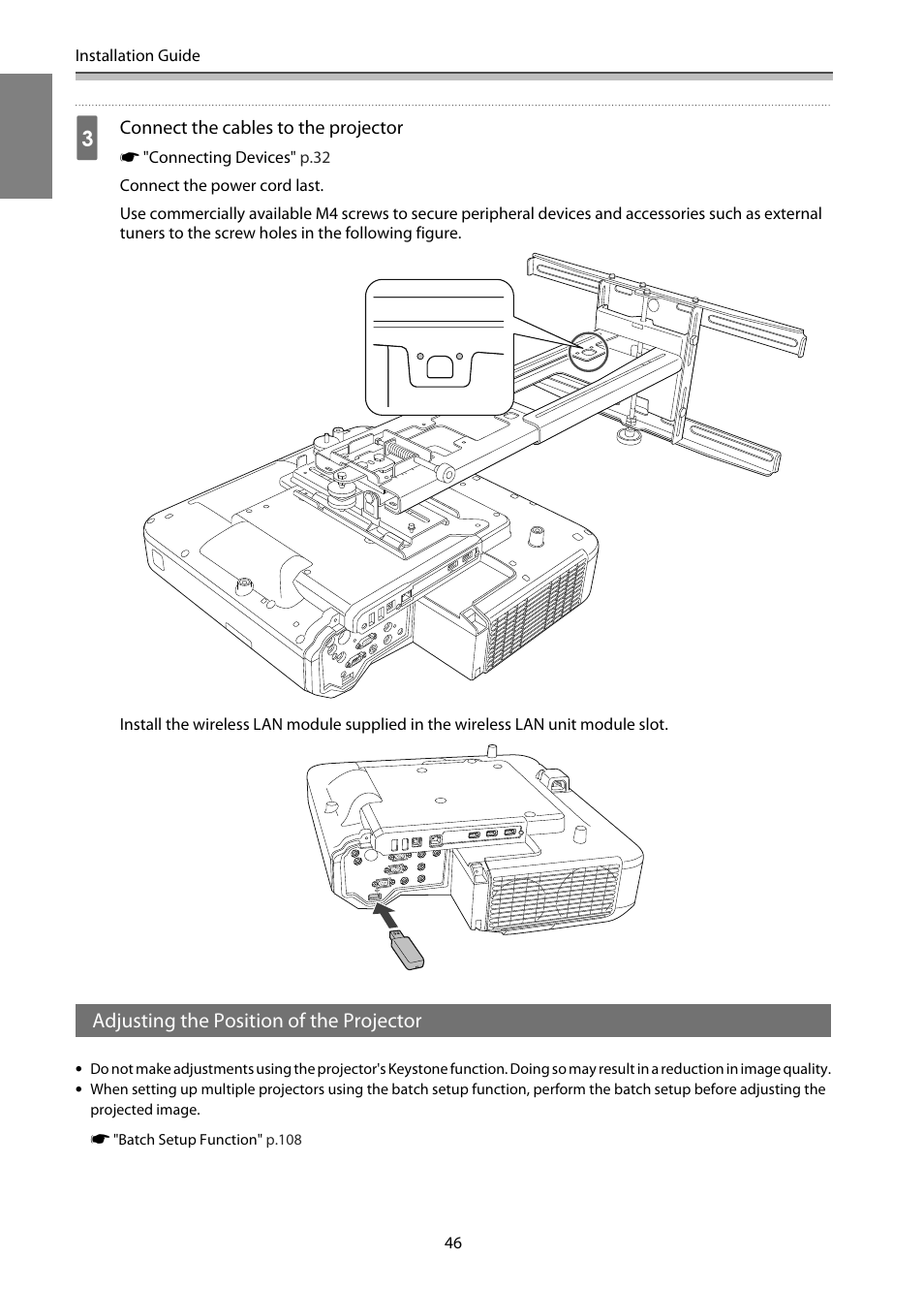 Adjusting the position of the projector, P.46 | Epson EB-1460Ui User Manual | Page 47 / 353