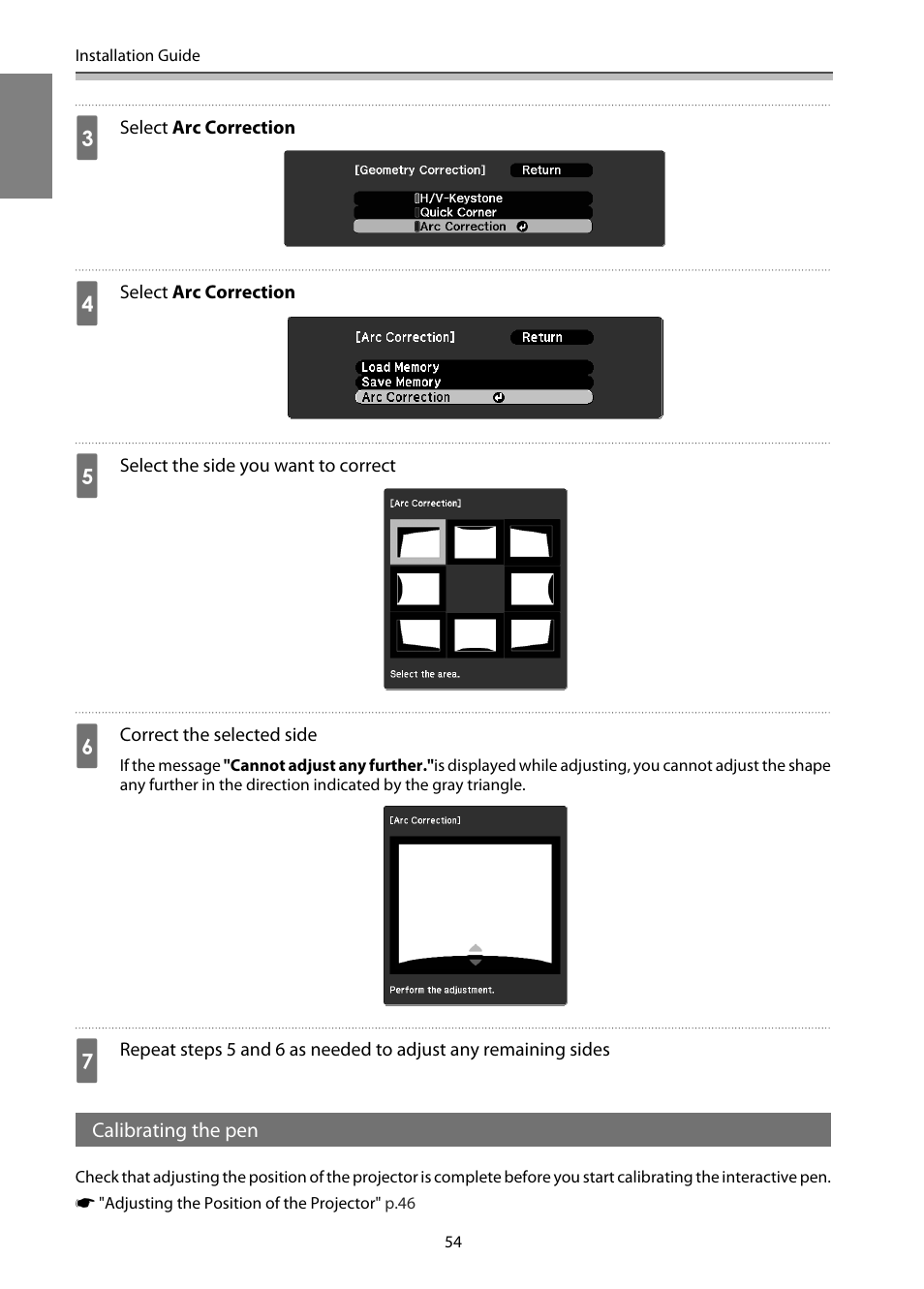 Calibrating the pen, P.54 | Epson EB-1460Ui User Manual | Page 55 / 353