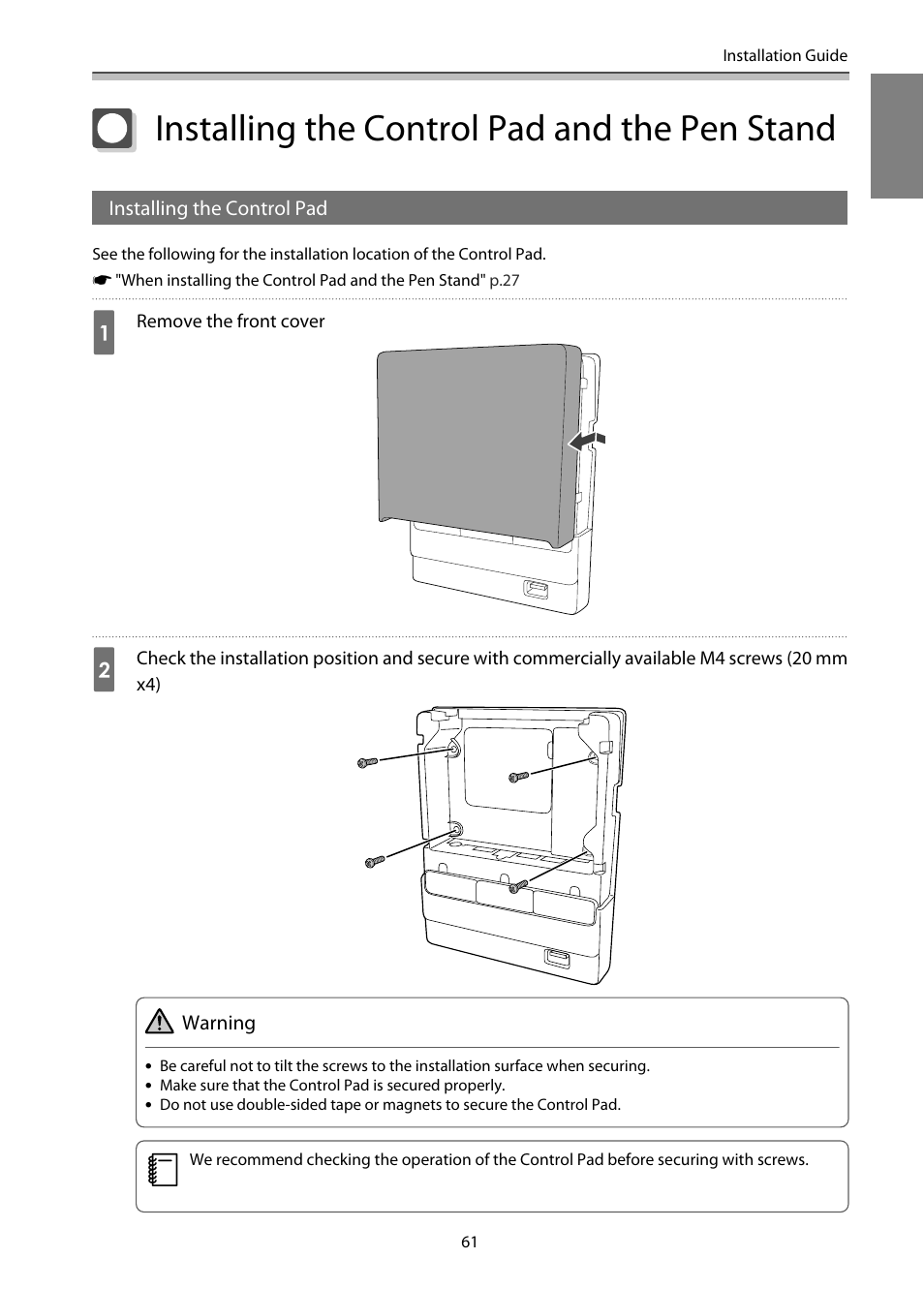 Installing the control pad and the pen stand, Installing the control pad, P.61 | Epson EB-1460Ui User Manual | Page 62 / 353