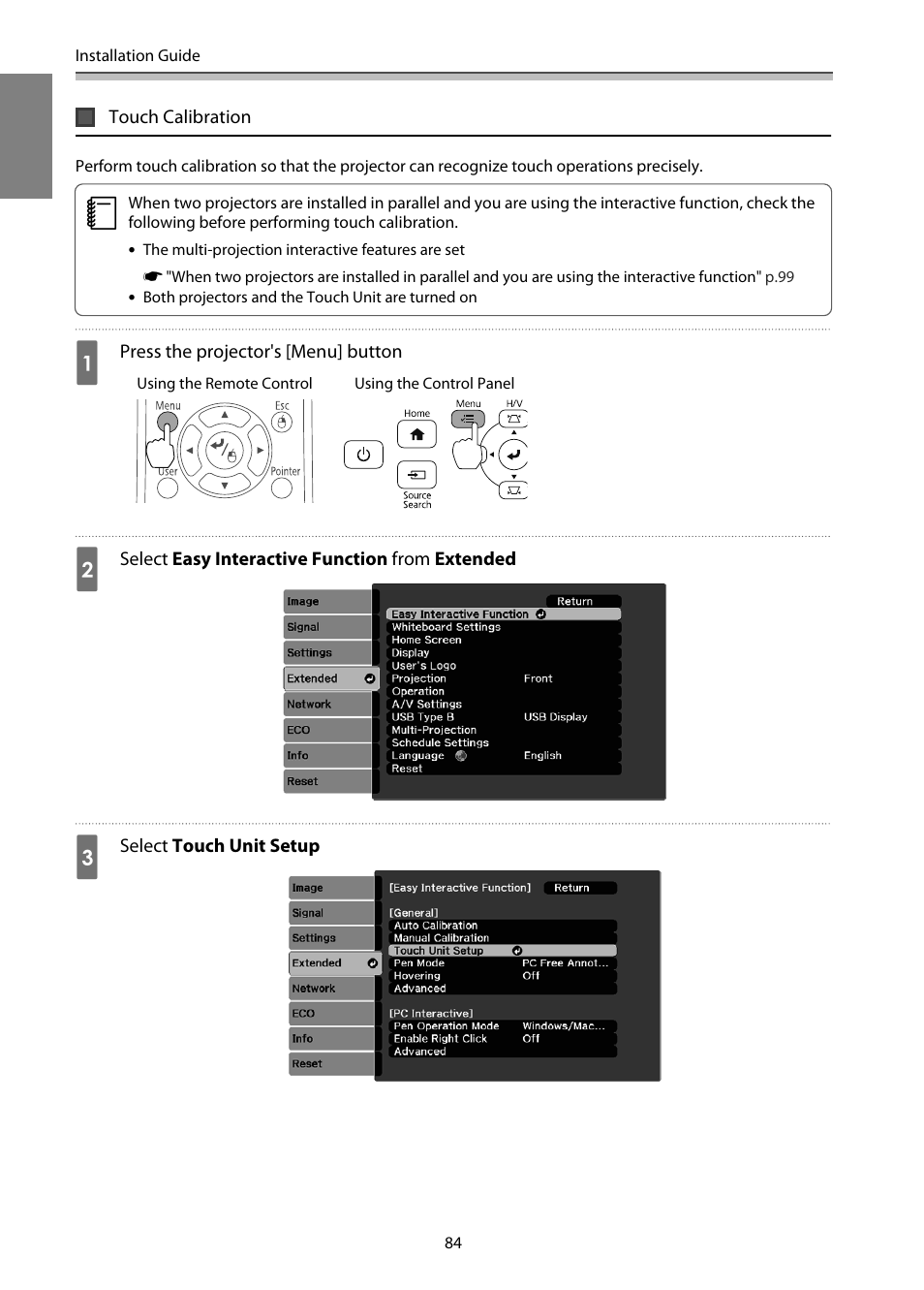 Touch calibration, P.84 | Epson EB-1460Ui User Manual | Page 85 / 353