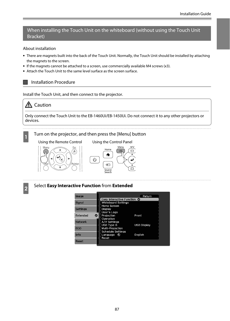 Installation procedure, P.87 | Epson EB-1460Ui User Manual | Page 88 / 353