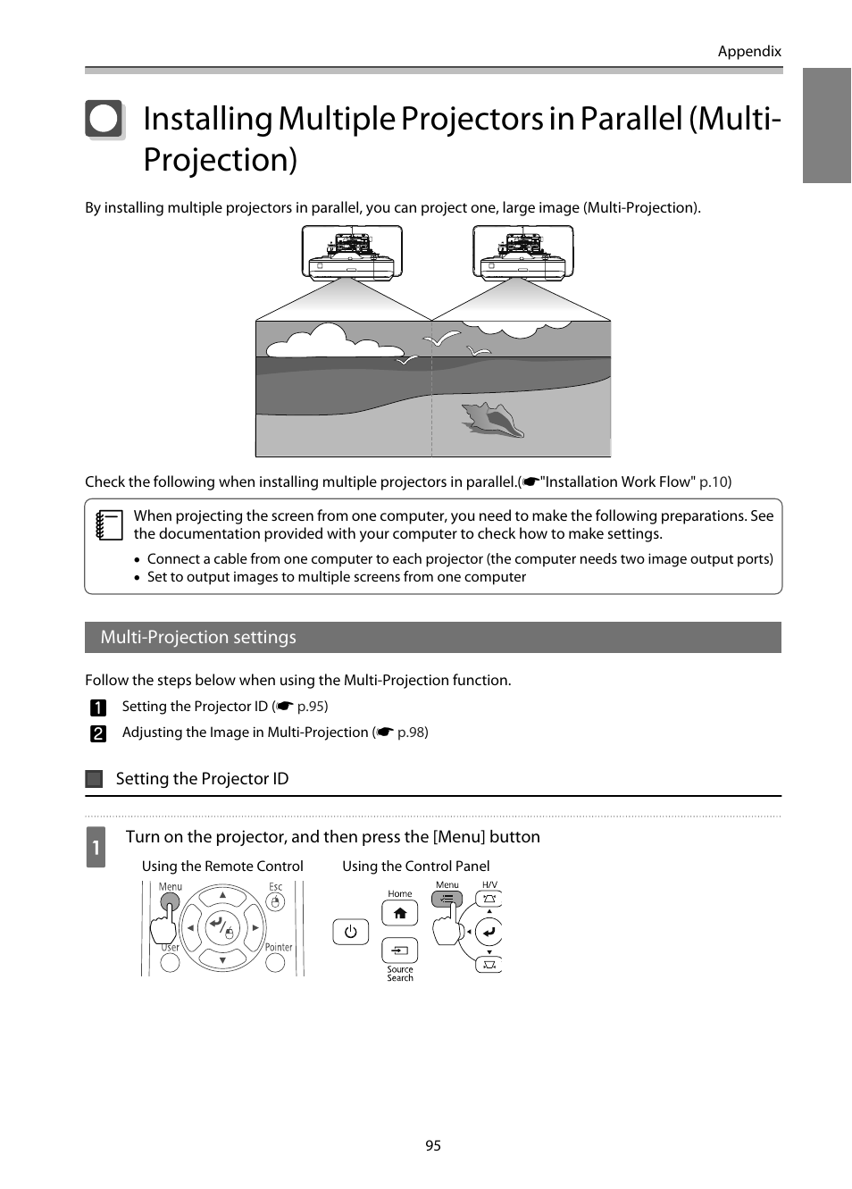 Multi-projection settings, Setting the projector id, P.95 | Epson EB-1460Ui User Manual | Page 96 / 353