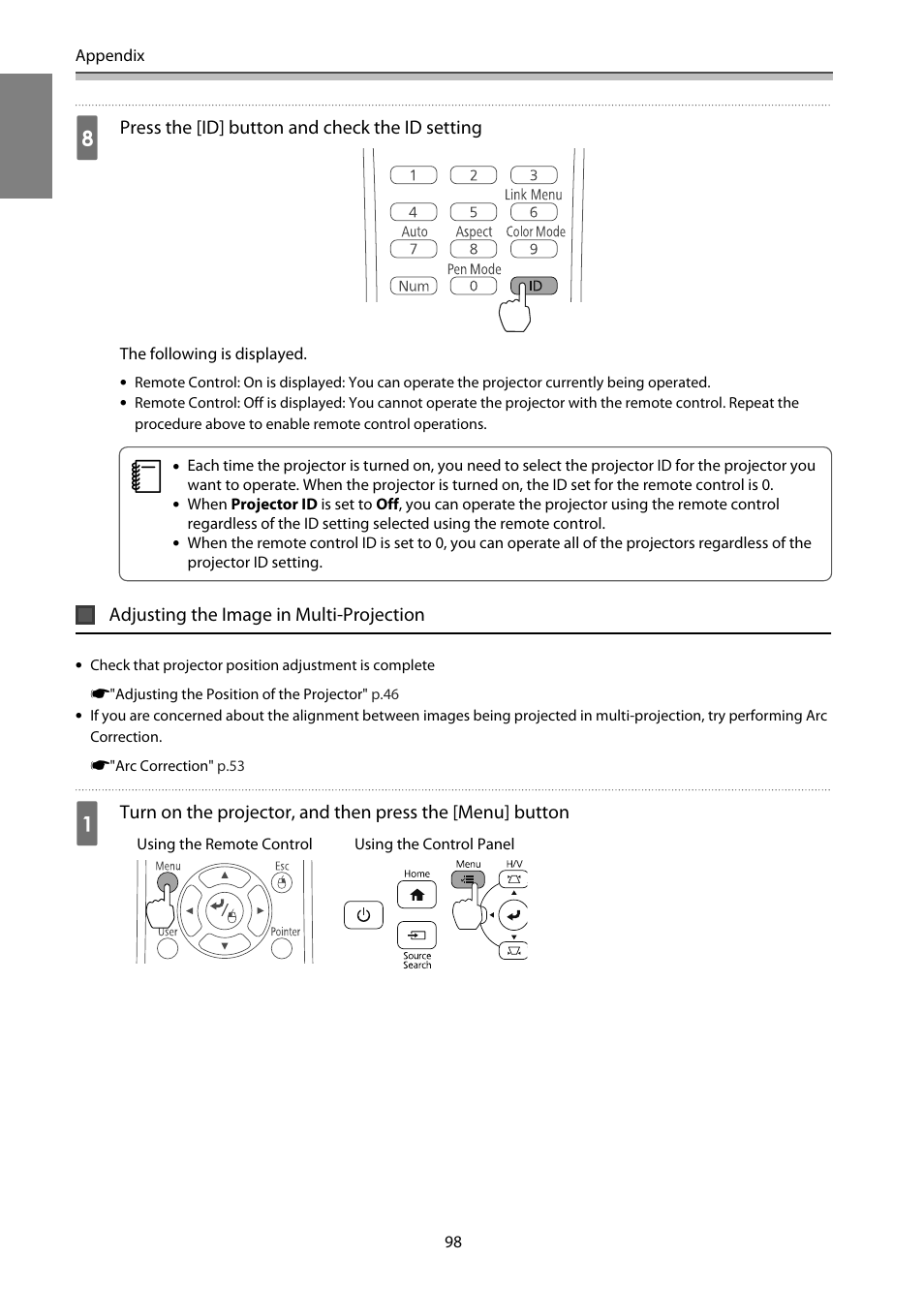 Adjusting the image in multi-projection, P.98 | Epson EB-1460Ui User Manual | Page 99 / 353