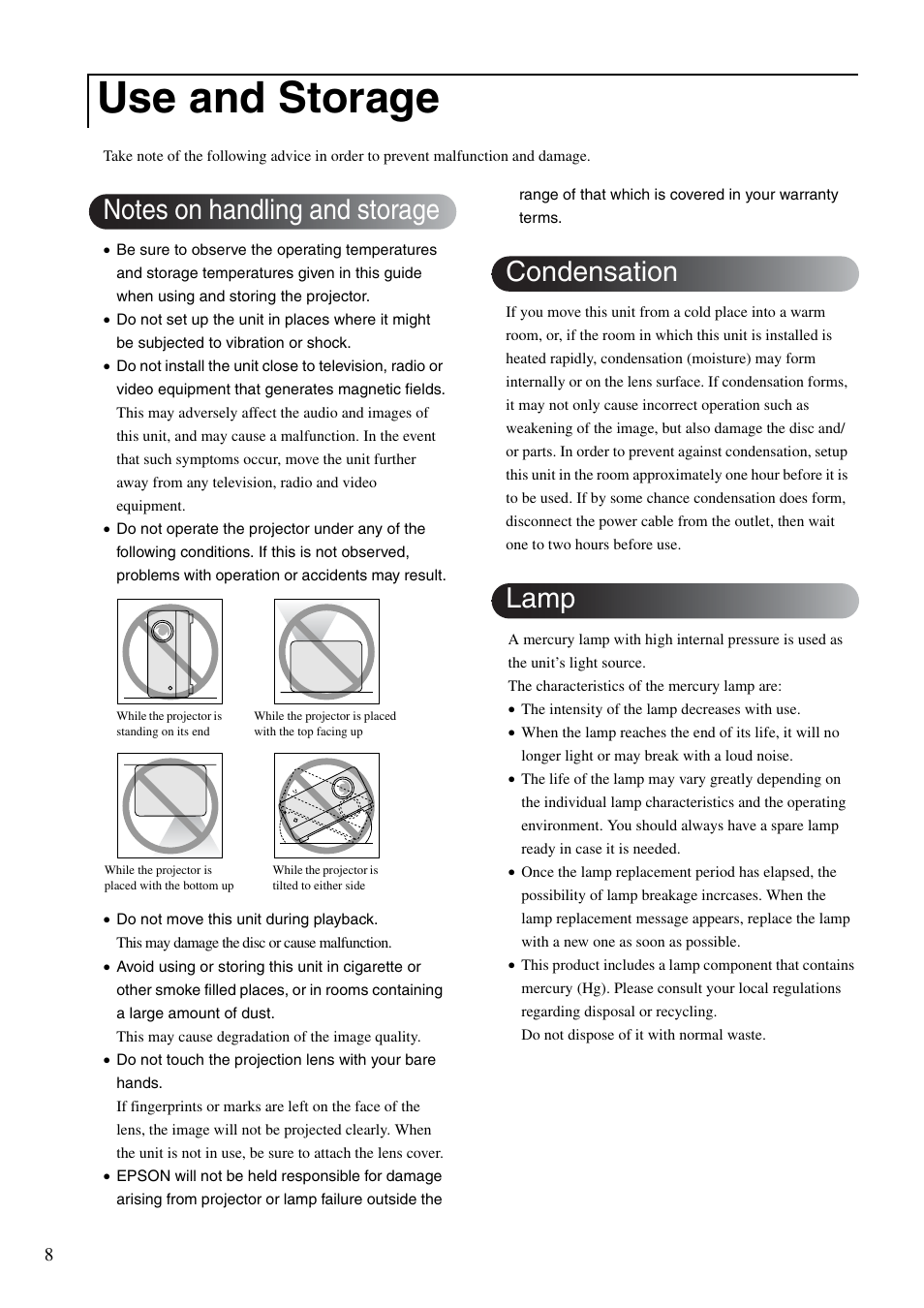 Use and storage, Condensation lamp | Epson EMP-TWD10 User Manual | Page 10 / 82