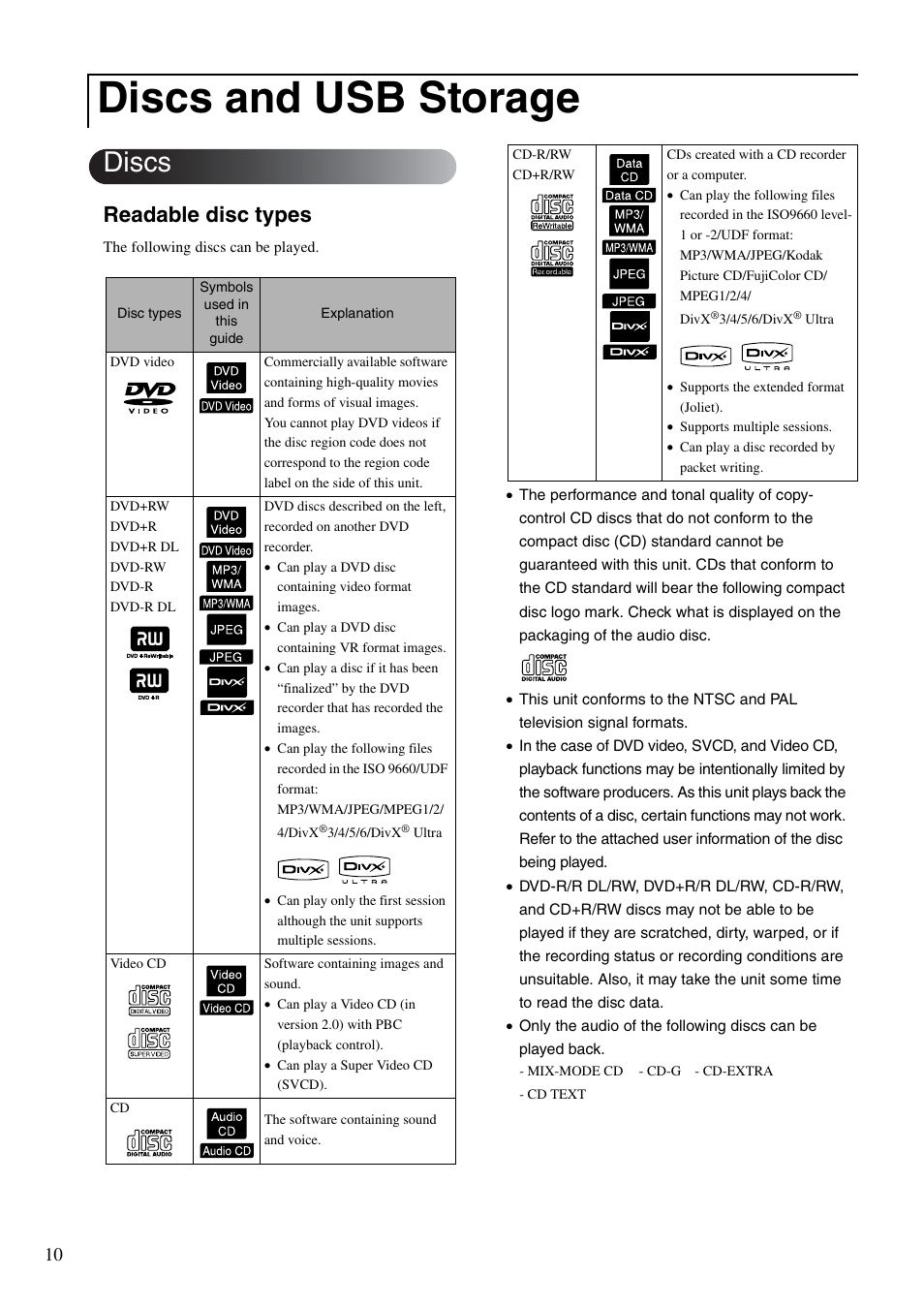 Discs and usb storage, Discs, Readable disc types | Epson EMP-TWD10 User Manual | Page 12 / 82