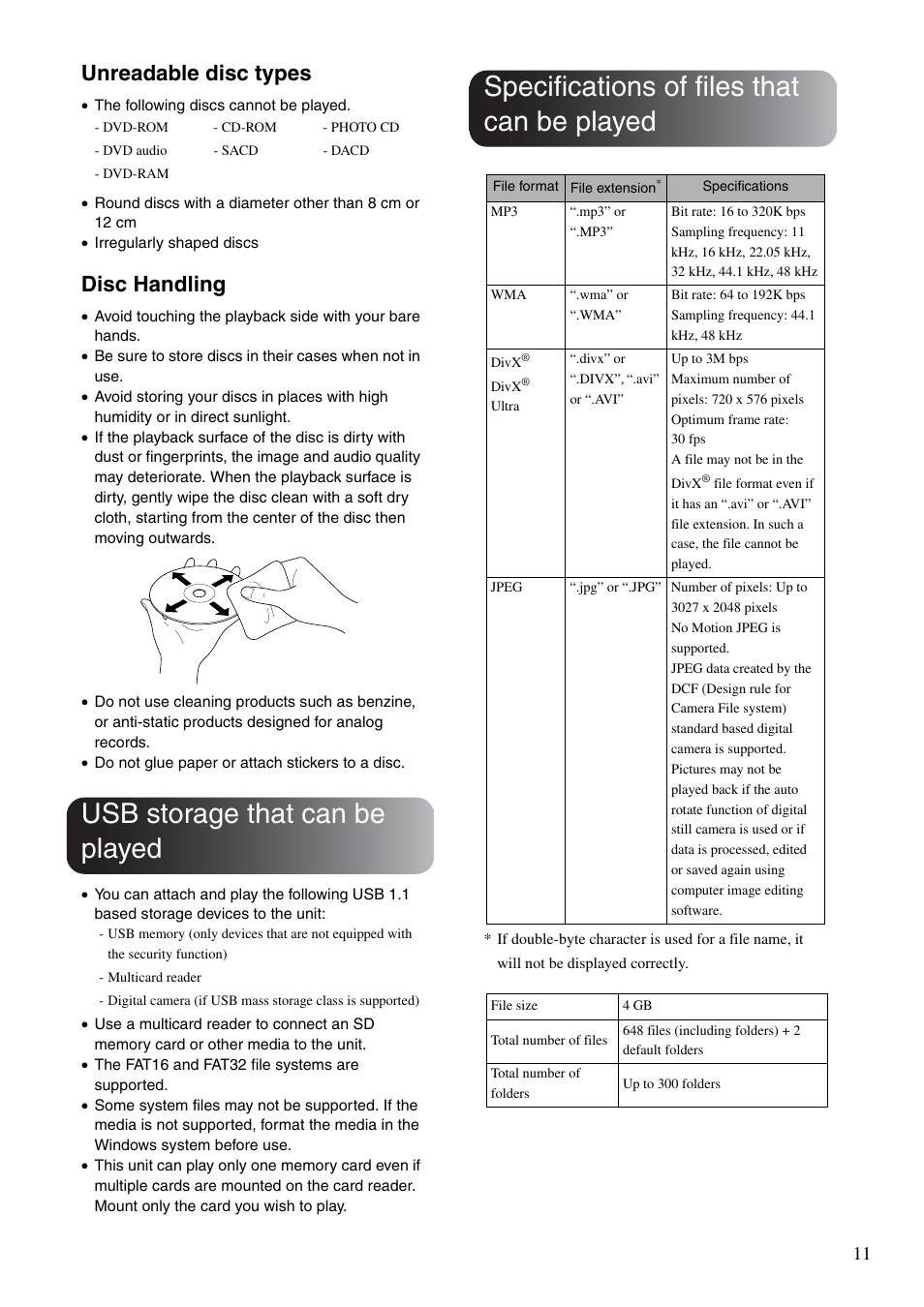 Usb storage that can be played, Specifications of files that can be played, Unreadable disc types | Disc handling | Epson EMP-TWD10 User Manual | Page 13 / 82