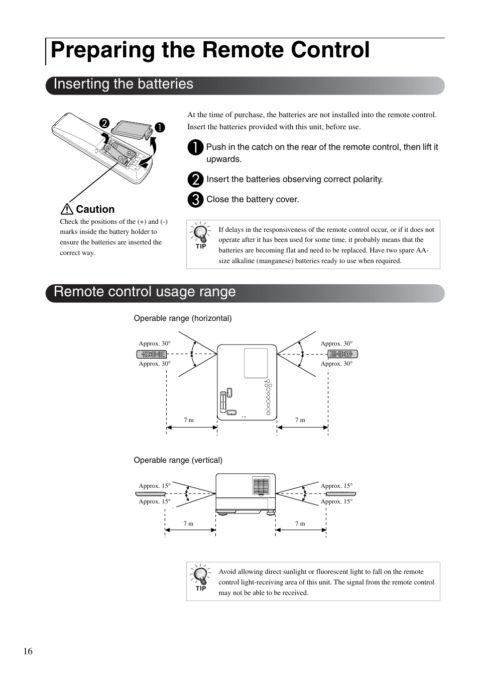 Preparing the remote control, Remote control, P. 16 | Inserting the batteries, Remote control usage range, Caution | Epson EMP-TWD10 User Manual | Page 18 / 82