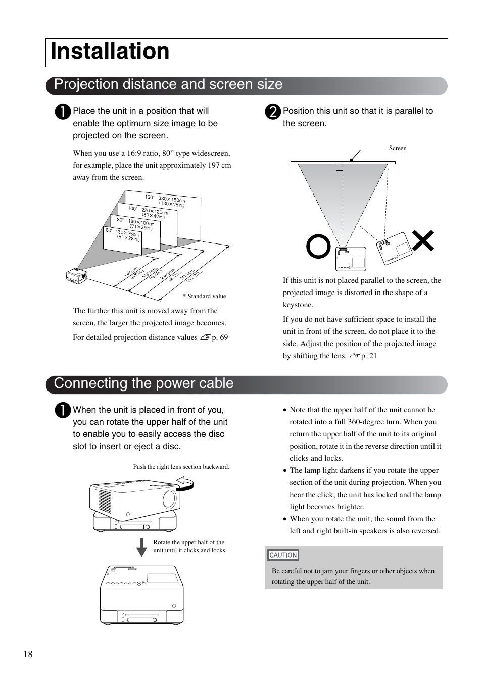 Installation, Projection distance and screen size, Connecting the power cable | Sp. 18 | Epson EMP-TWD10 User Manual | Page 20 / 82