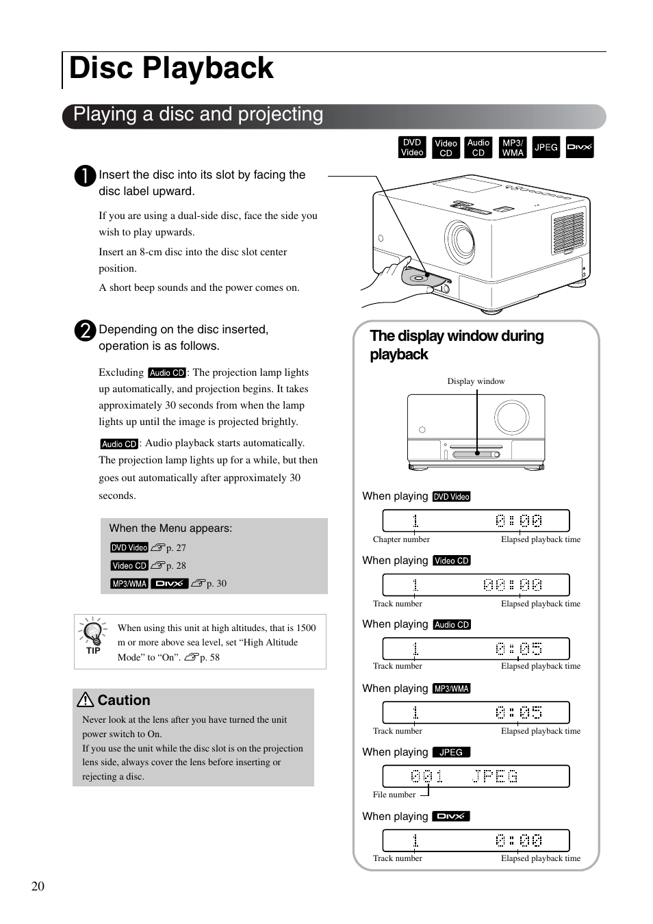 Disc playback, Playing a disc and projecting, P. 20 | Sp. 20, The display window during playback, Caution | Epson EMP-TWD10 User Manual | Page 22 / 82