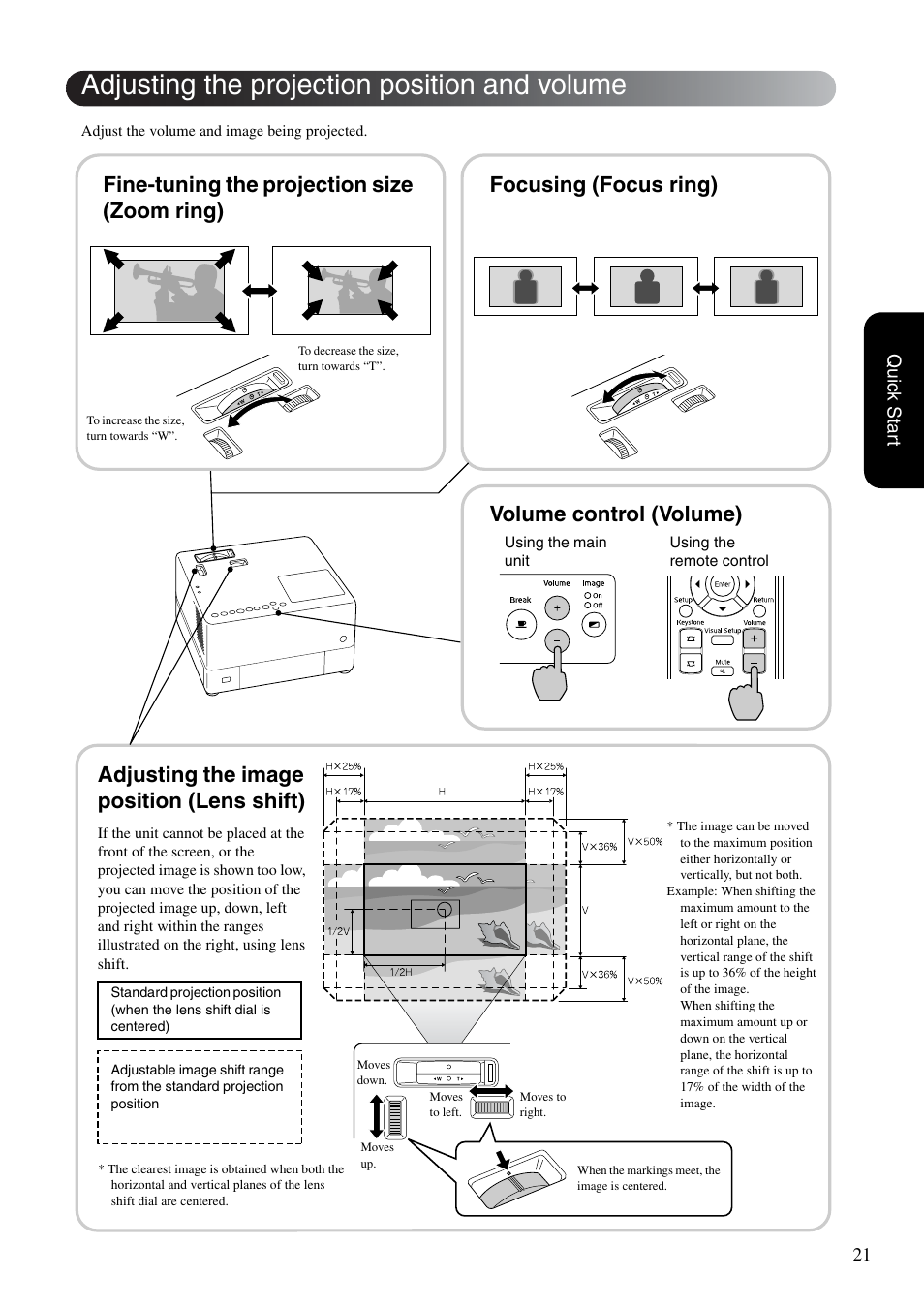 Adjusting the projection position and volume, P. 21, Sp. 21 | Volume control (volume) | Epson EMP-TWD10 User Manual | Page 23 / 82