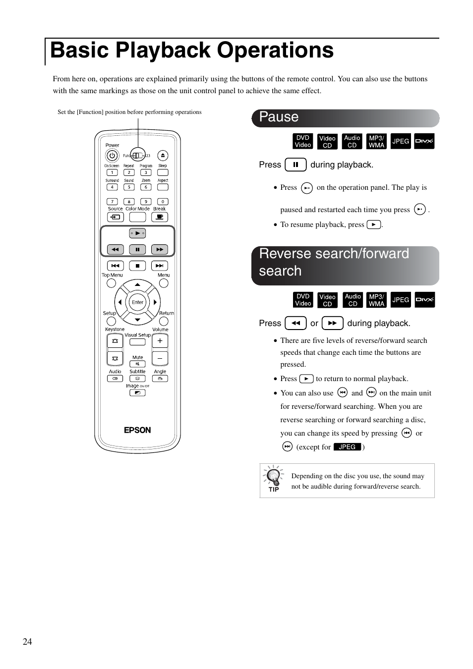 Basic playback operations, Pause, Reverse search/forward search | Sp. 24, Pause reverse search/forward search | Epson EMP-TWD10 User Manual | Page 26 / 82