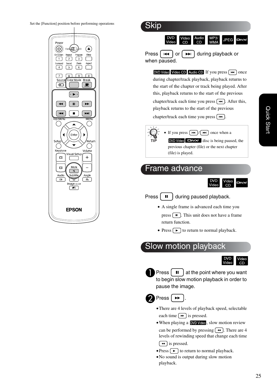 Skip, Frame advance, Slow motion playback | Sp. 25, Skip frame advance slow motion playback | Epson EMP-TWD10 User Manual | Page 27 / 82