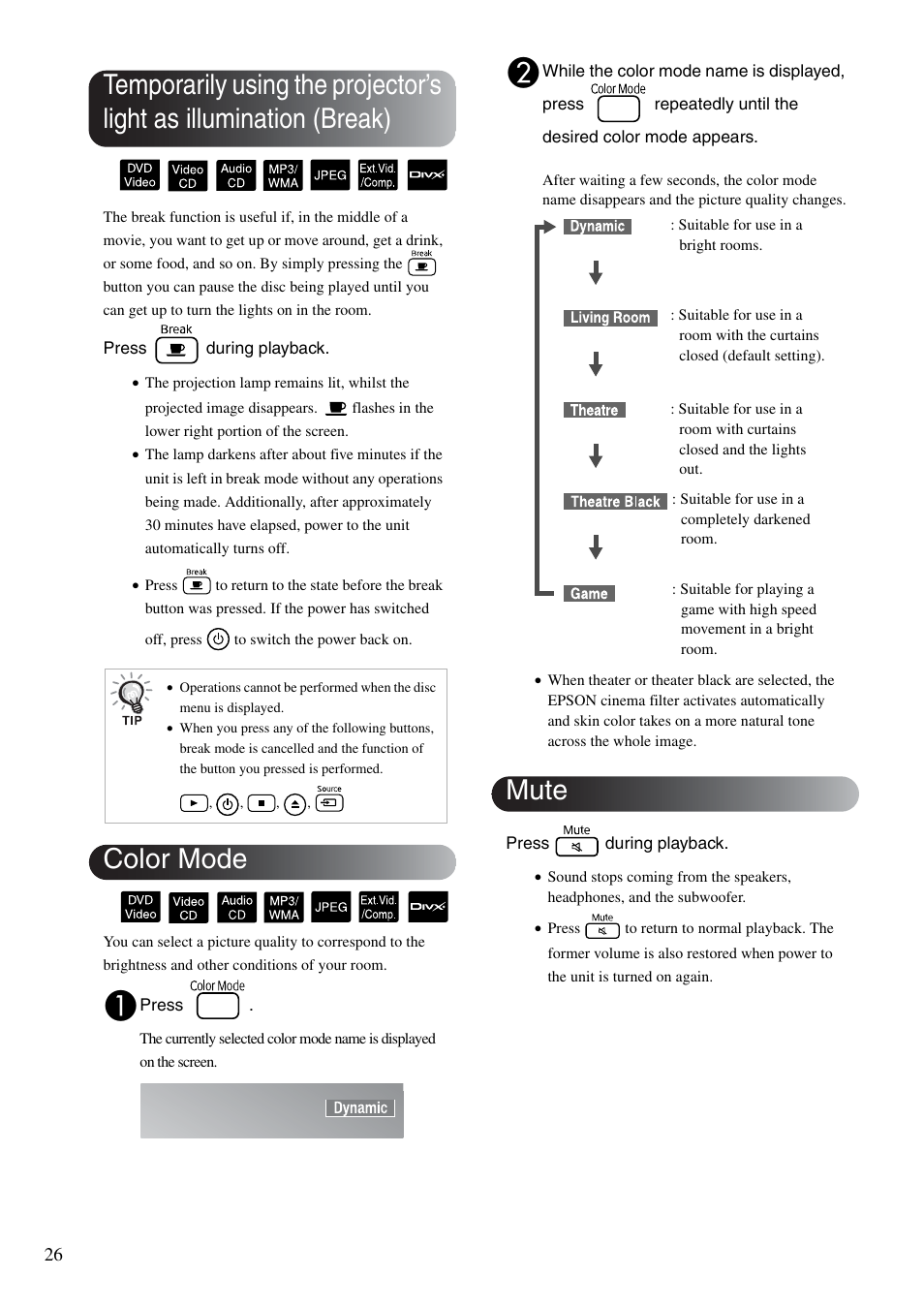 Color mode, Mute, Sp. 26 | Epson EMP-TWD10 User Manual | Page 28 / 82