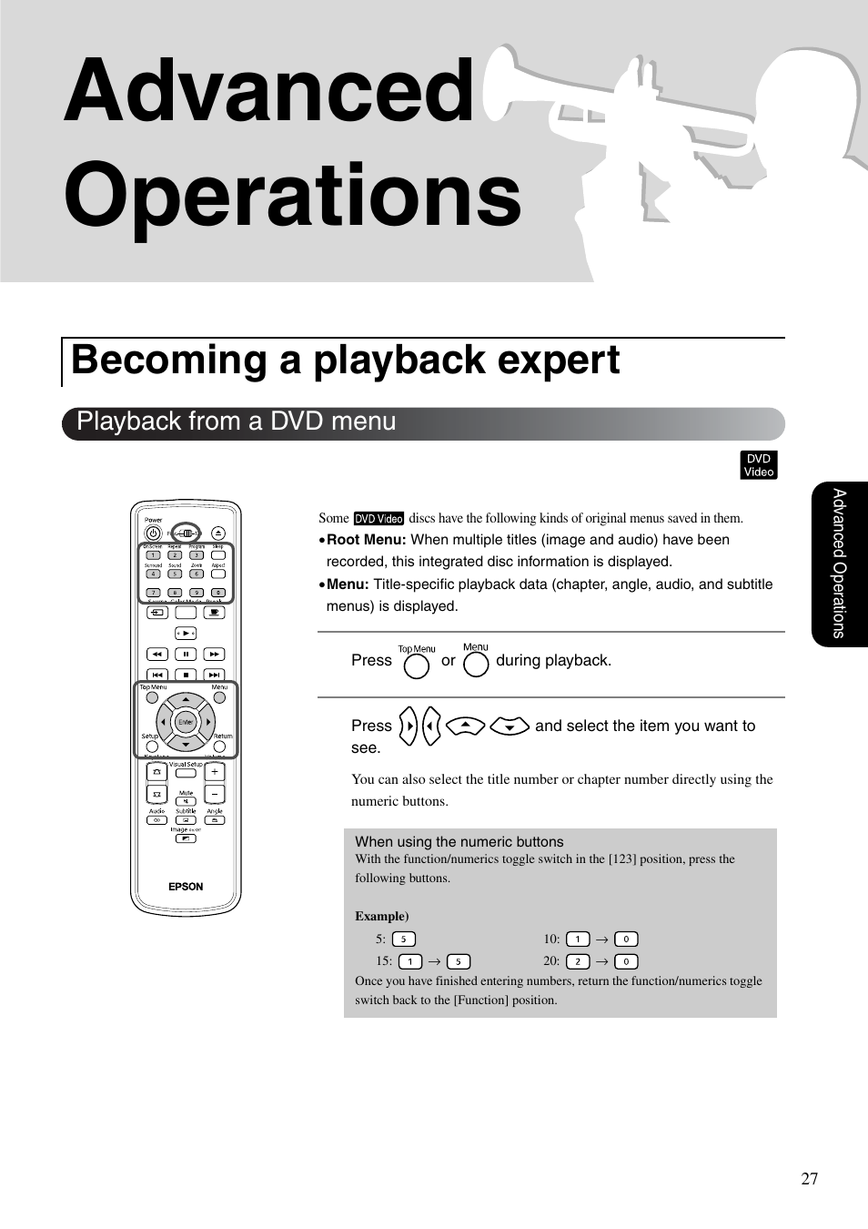 Advanced operations, Becoming a playback expert, Playback from a dvd menu | P. 27, Sp. 27, Sp. 27, 29 | Epson EMP-TWD10 User Manual | Page 29 / 82