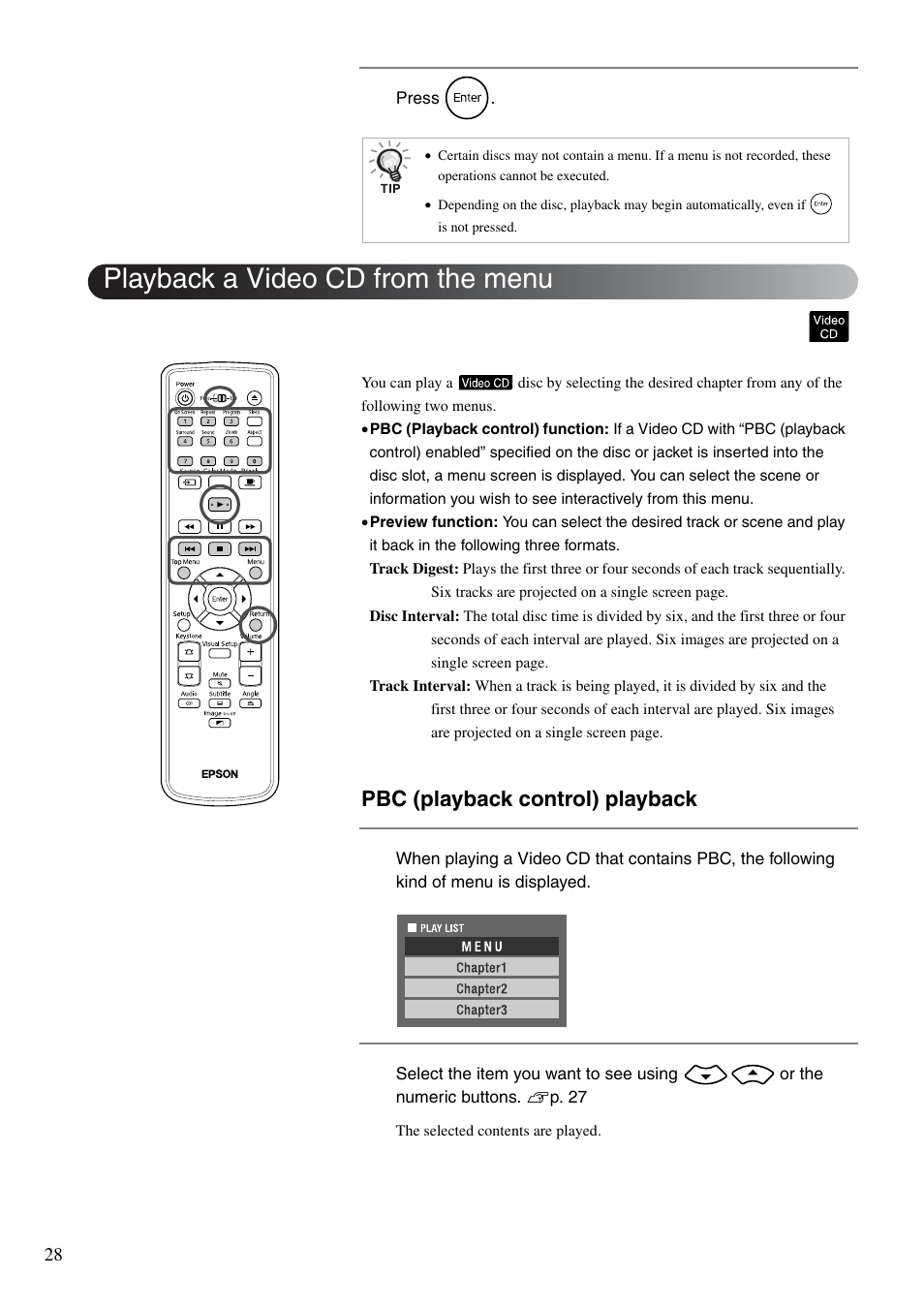 Playback a video cd from the menu, Sp. 28, P. 28 | Pbc (playback control) playback | Epson EMP-TWD10 User Manual | Page 30 / 82