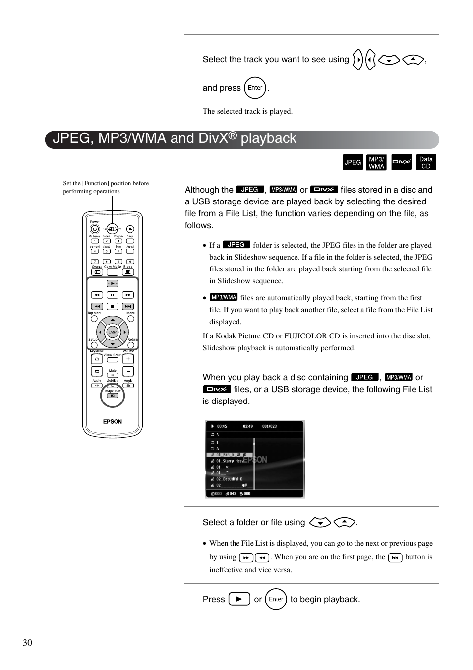 Jpeg, mp3/wma and divx® playback, Jpeg, mp3/wma and divx, P. 30 | Playback | Epson EMP-TWD10 User Manual | Page 32 / 82
