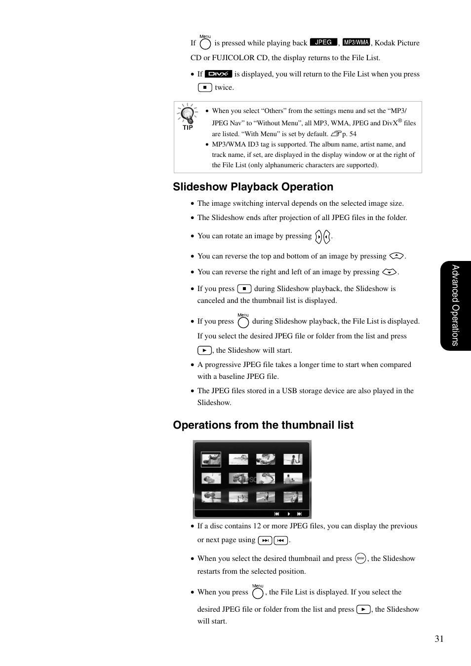 Slideshow playback operation, Operations from the thumbnail list, 31 adv anced oper ations | Epson EMP-TWD10 User Manual | Page 33 / 82