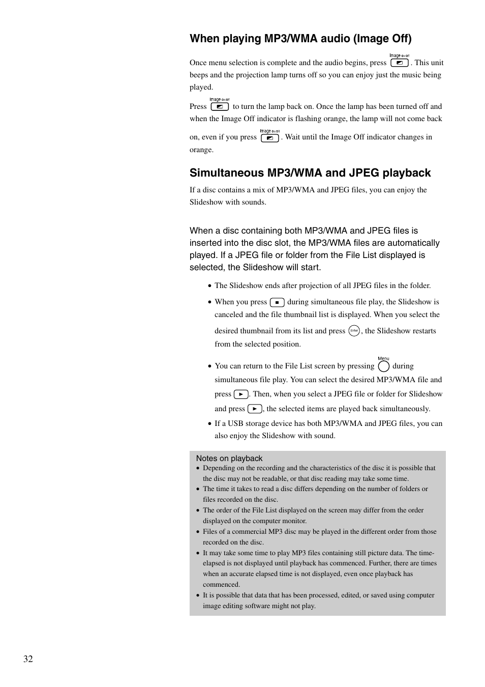 Sp. 32, P. 32, When playing mp3/wma audio (image off) | Simultaneous mp3/wma and jpeg playback | Epson EMP-TWD10 User Manual | Page 34 / 82