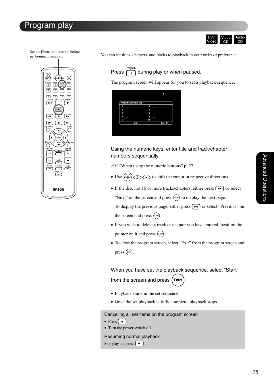 Program play, Sp. 35 | Epson EMP-TWD10 User Manual | Page 37 / 82