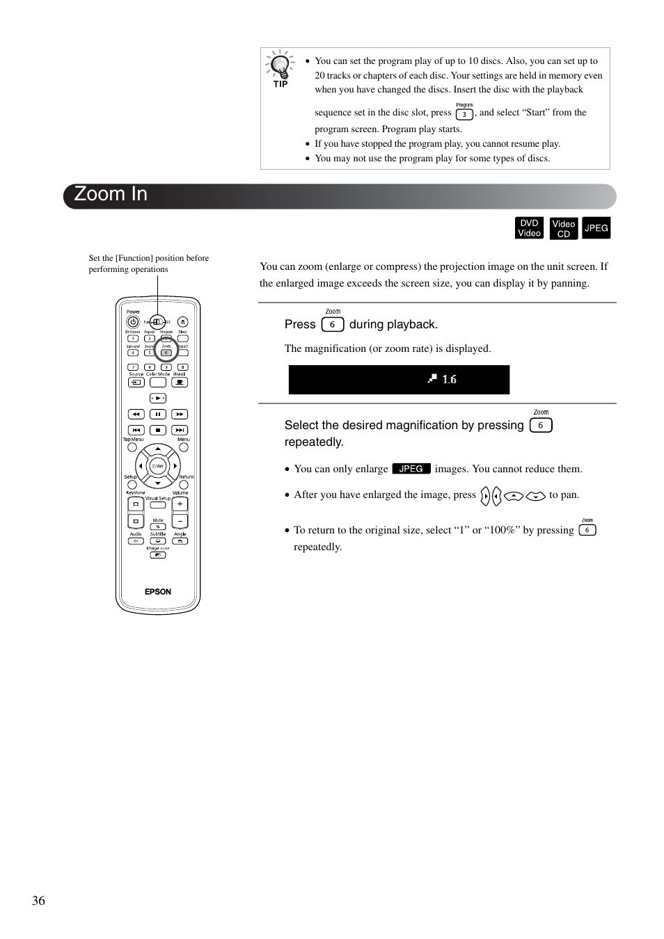 Zoom in, Sp. 36 | Epson EMP-TWD10 User Manual | Page 38 / 82