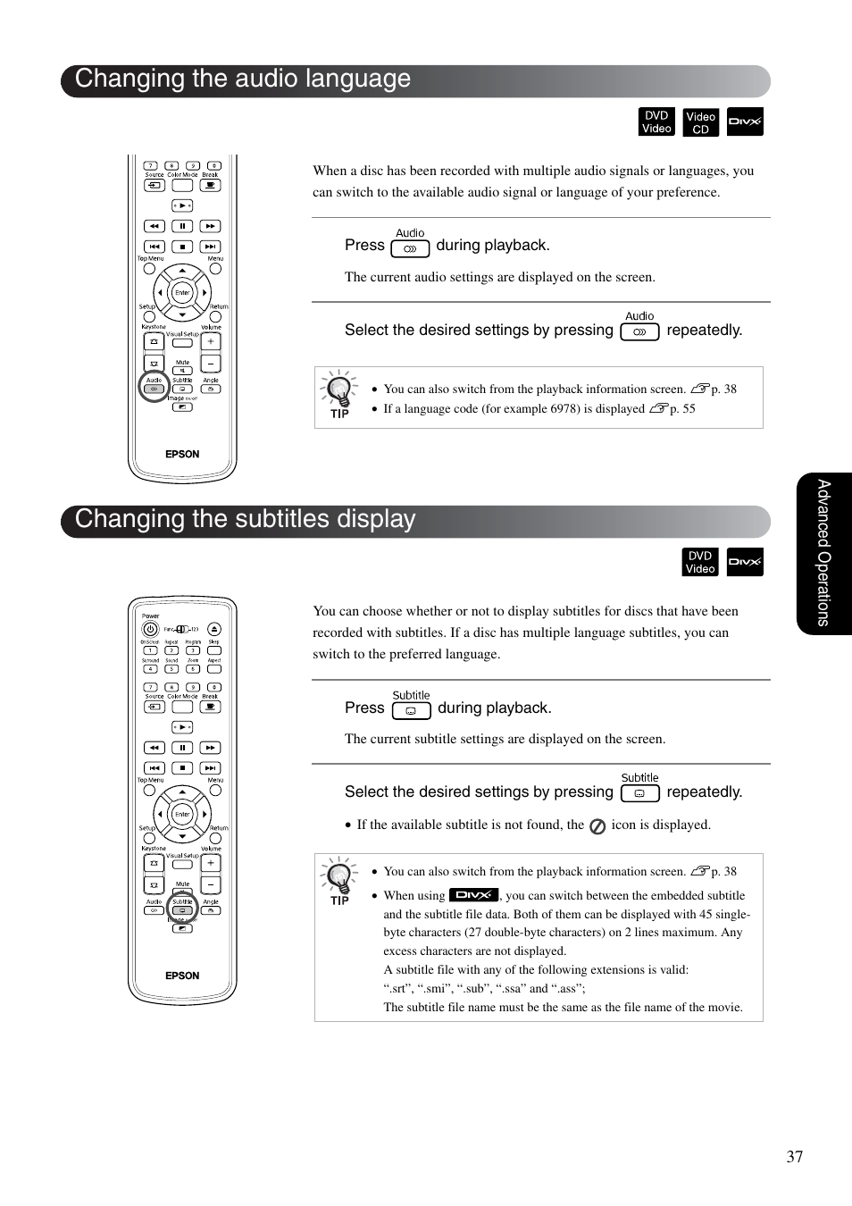 Changing the audio language, Changing the subtitles display, Sp. 37 | Epson EMP-TWD10 User Manual | Page 39 / 82