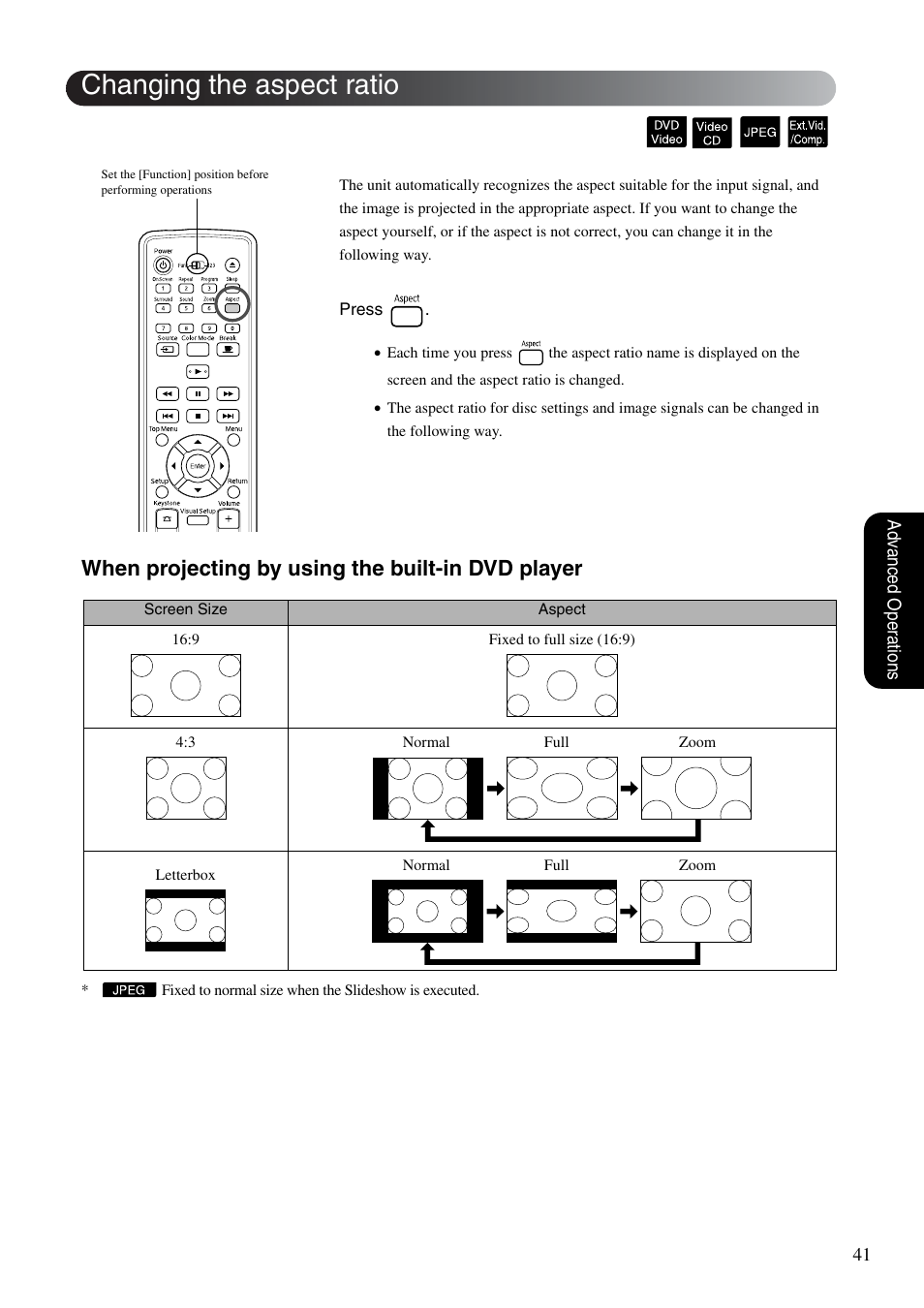 Changing the aspect ratio, Sp. 41, When projecting by using the built-in dvd player | Epson EMP-TWD10 User Manual | Page 43 / 82