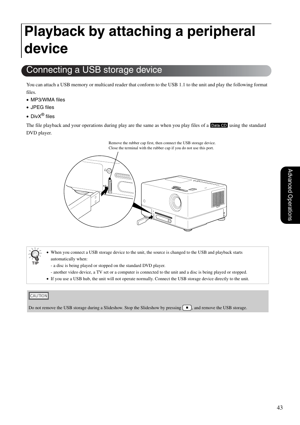 Playback by attaching a peripheral device, Connecting a usb storage device, P. 43 | Epson EMP-TWD10 User Manual | Page 45 / 82